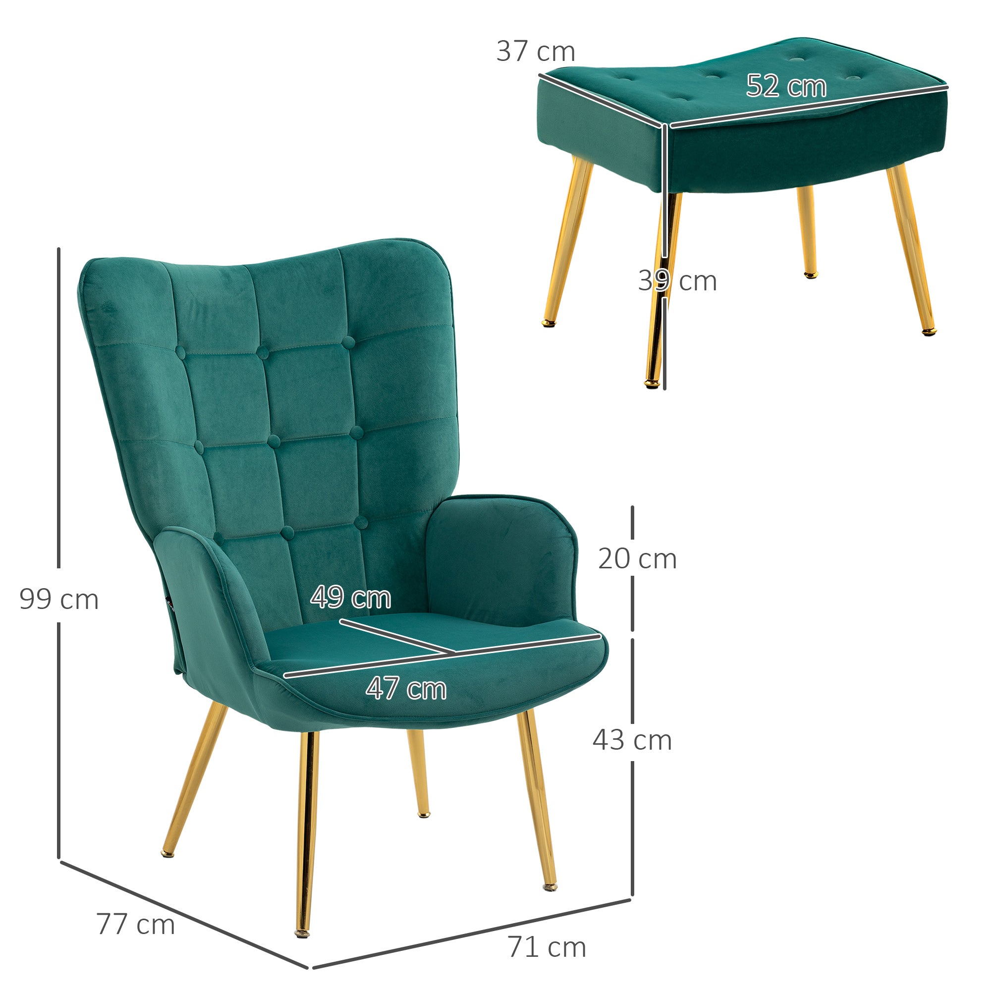 Upholstered Armchair w/ Footstool Set, Modern Button Tufted Accent Chair w/ Gold Tone Steel Legs, Wingback Chair, Dark Green