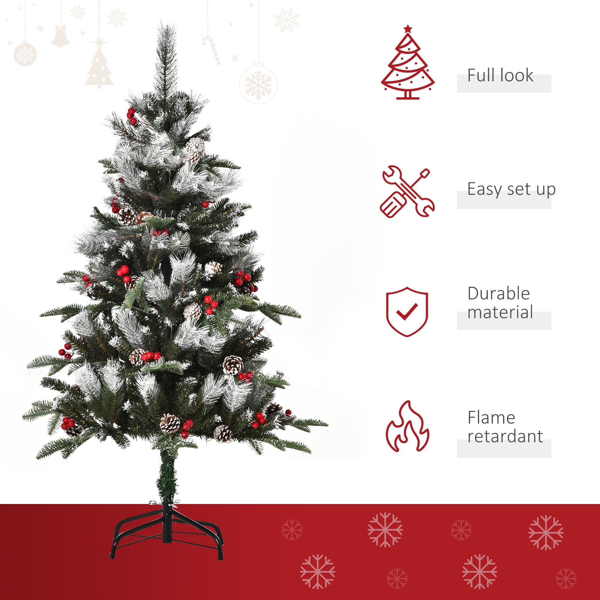 4FT Artificial Snow Dipped Christmas Tree Xmas Pencil Tree Holiday Home Party Decoration with Foldable Feet Red Berries White Pinecones, Green