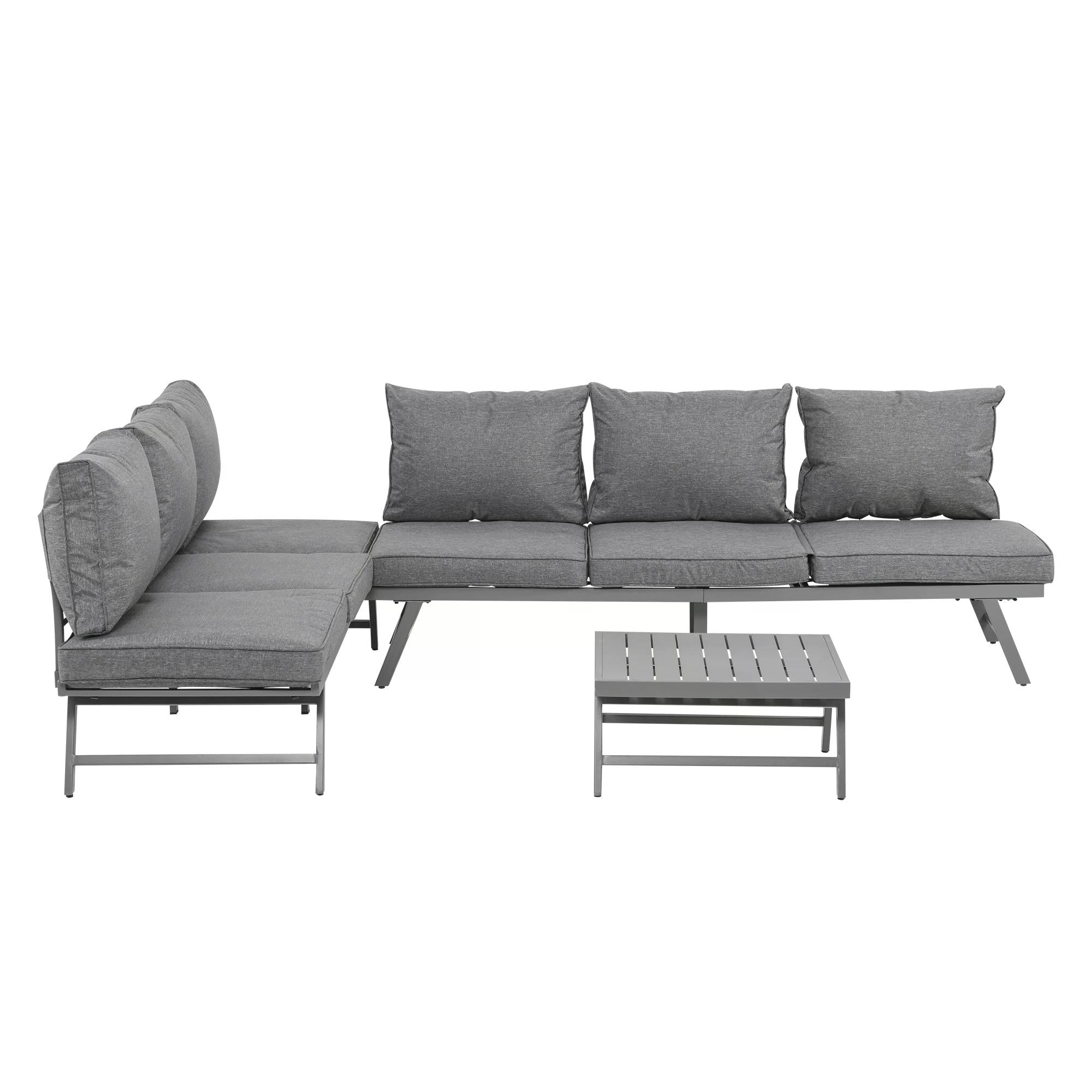 3 Pcs Garden Seating Set w/ Convertible Sofa Lounge Table Padded Cushions Outdoor Patio Furniture Couch Grey