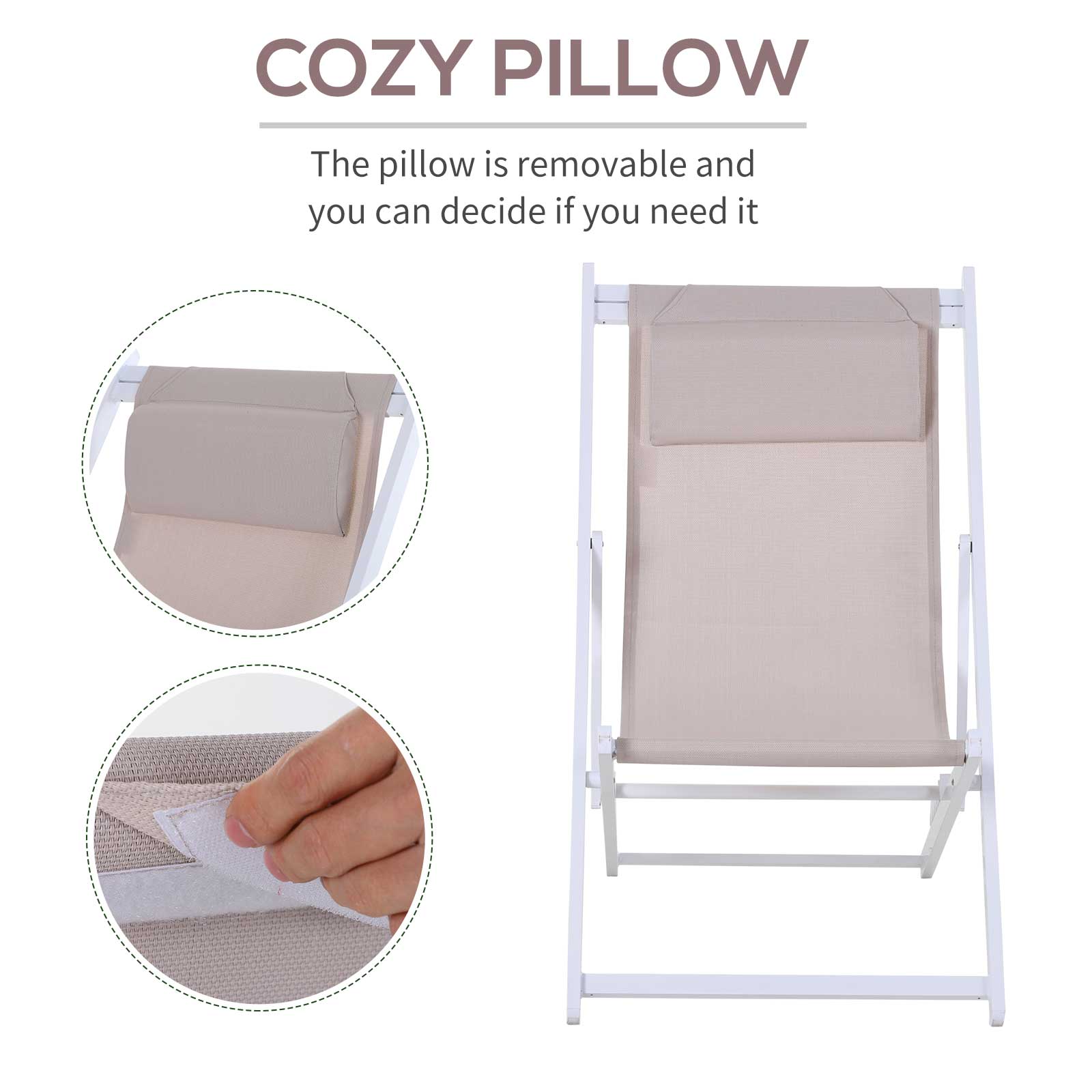 Set of 2 Folding Aluminium Garden Deck Chairs with Pillow - White