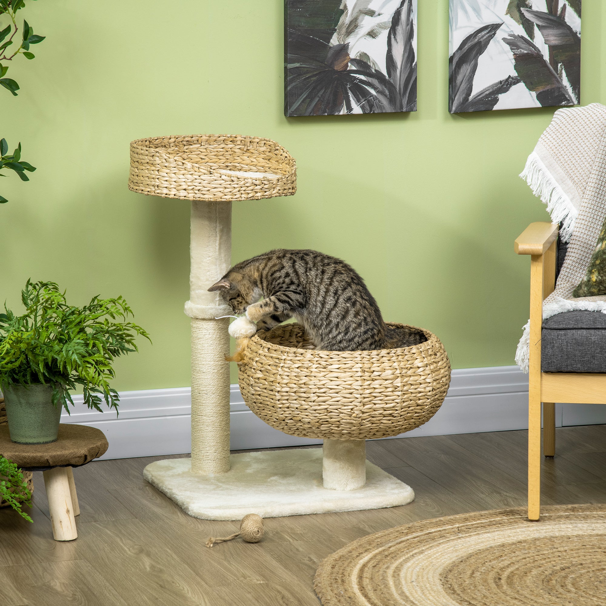 72cm Cat Tree, Kitty Activity Center, Cat Climbing Toy, Cat Tower with 2 Cattail Beds Ball Toy Sisal Scratching Post, Beige