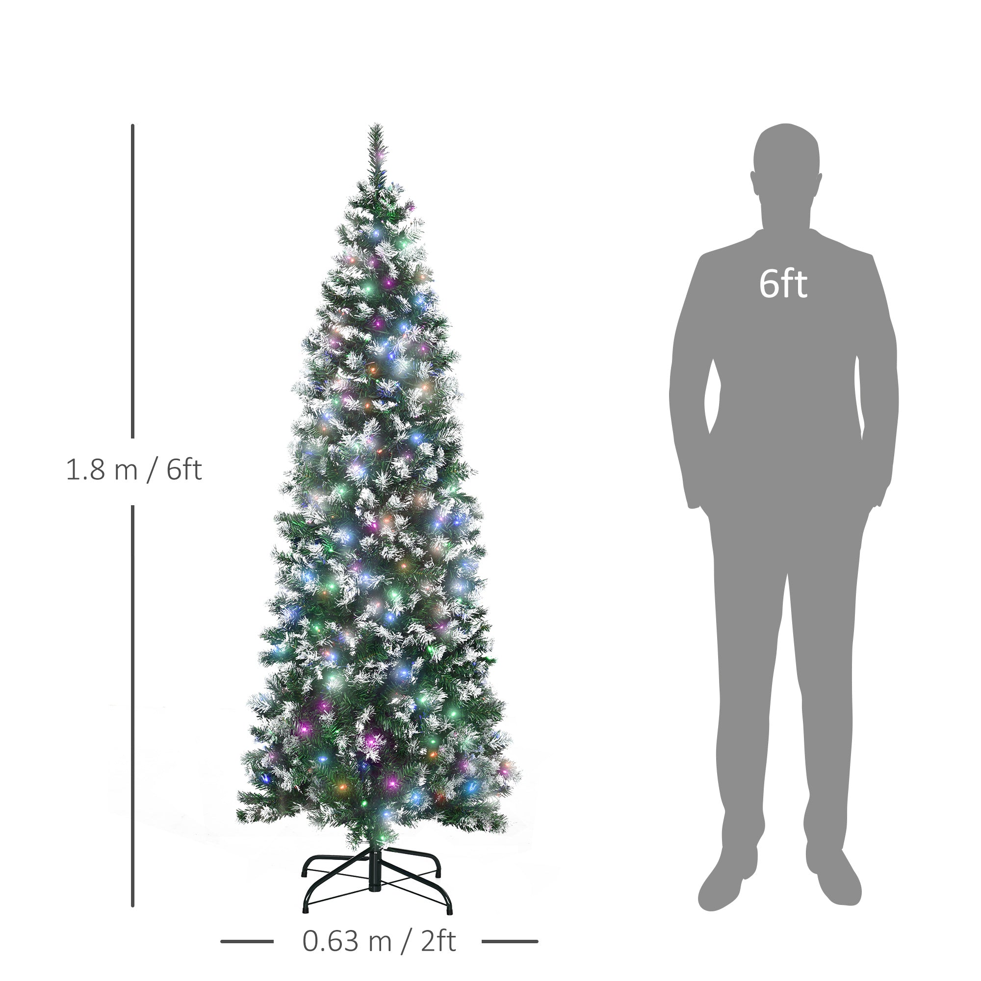 6' Tall Prelit Pencil Slim Artificial Christmas Tree with Realistic Branches, 300 Colourful LED Lights and 618 Tips, Xmas Decoration, Green