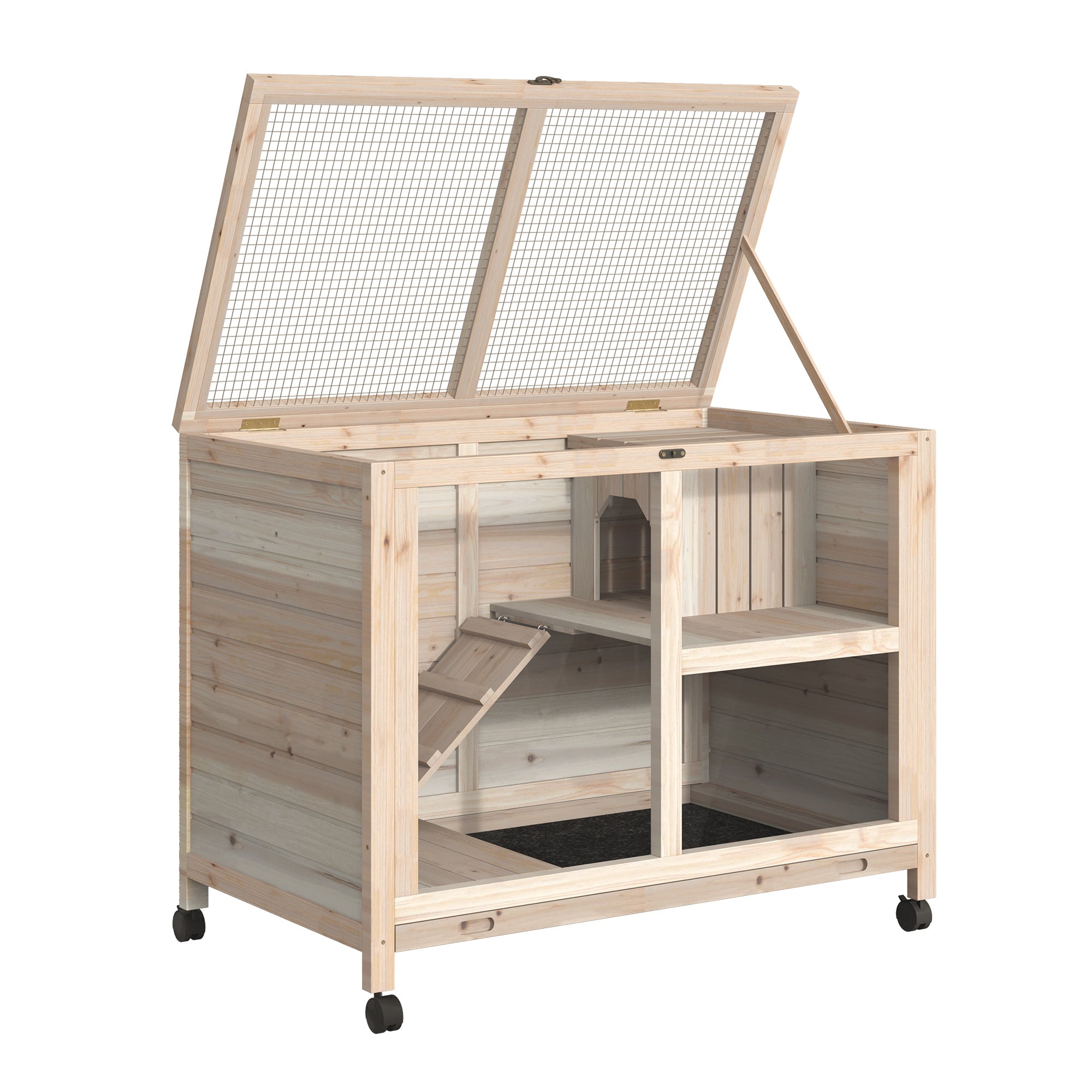 Wooden Rabbit Hutch Guinea Pigs House Bunny Small Animal Cage W/ Pull-out Tray Openable Roof Wheels 91.5 x 53.3 x 73 cm