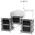 Portable Folding Camping Kitchen Table with Cupboards and Windshield - Grey