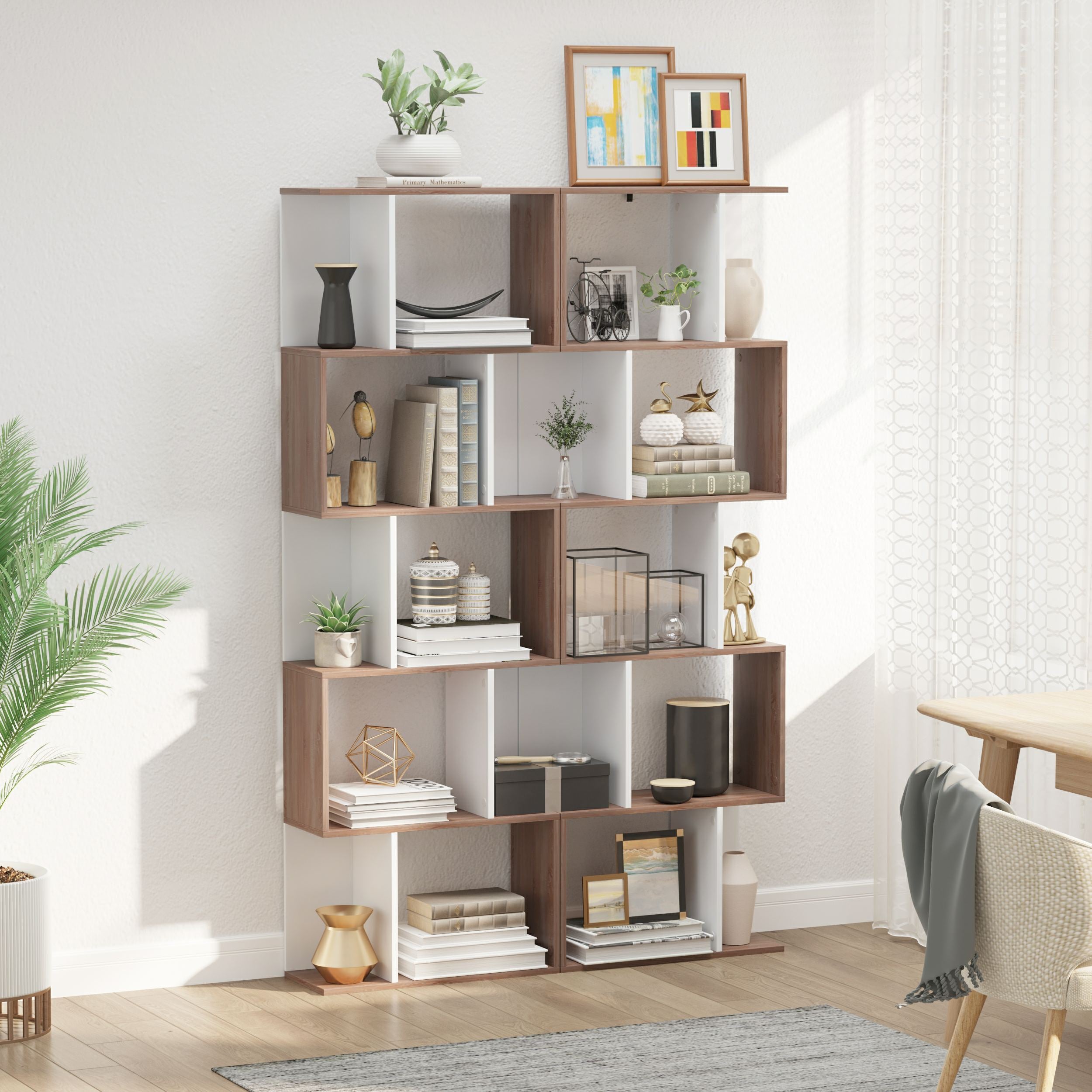 5-tier Bookcase Storage Display Shelving S Shape design Unit Divider White