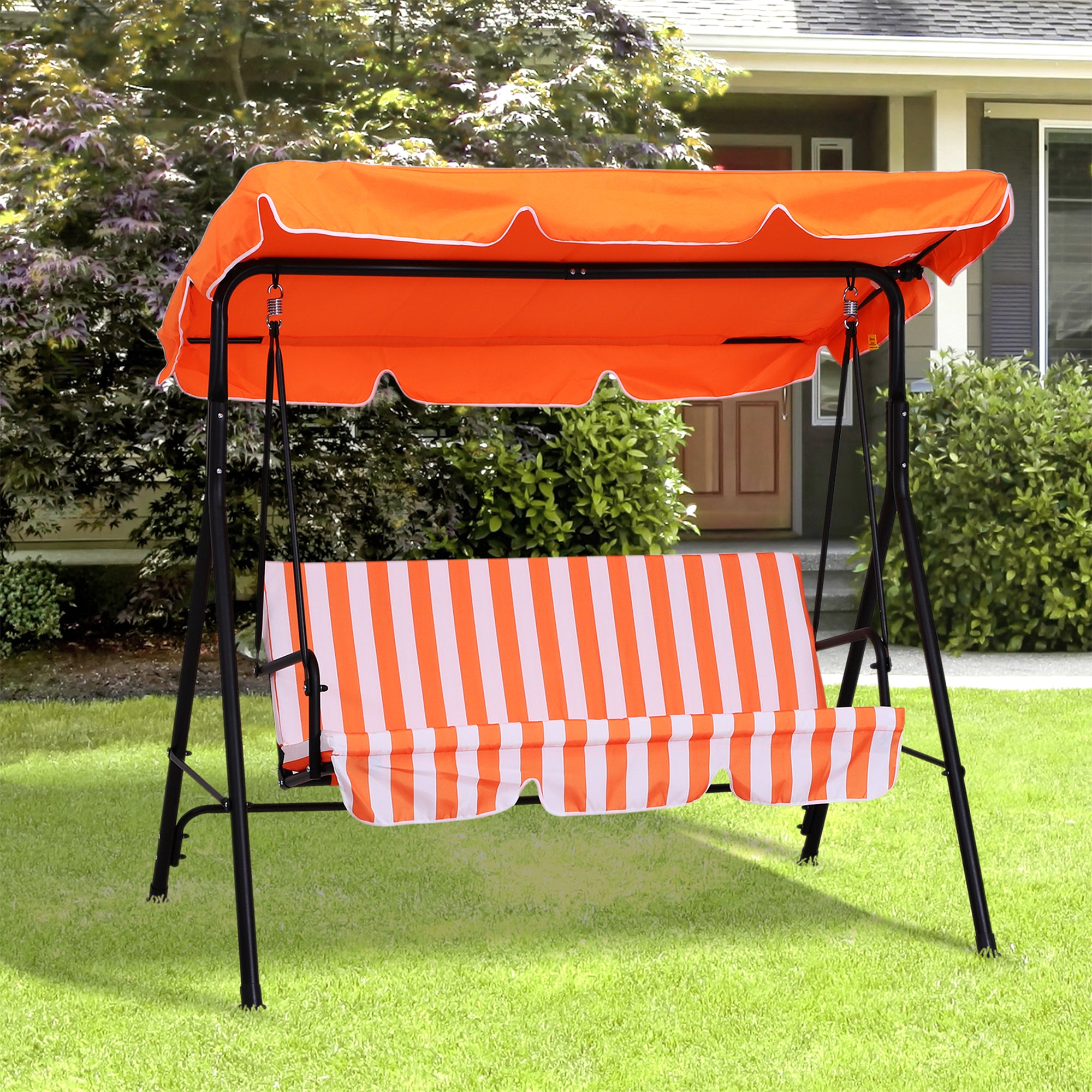 3 Seater Canopy Swing Chair Garden Rocking Bench Heavy Duty Patio Metal Seat w/ Top Roof - Orange