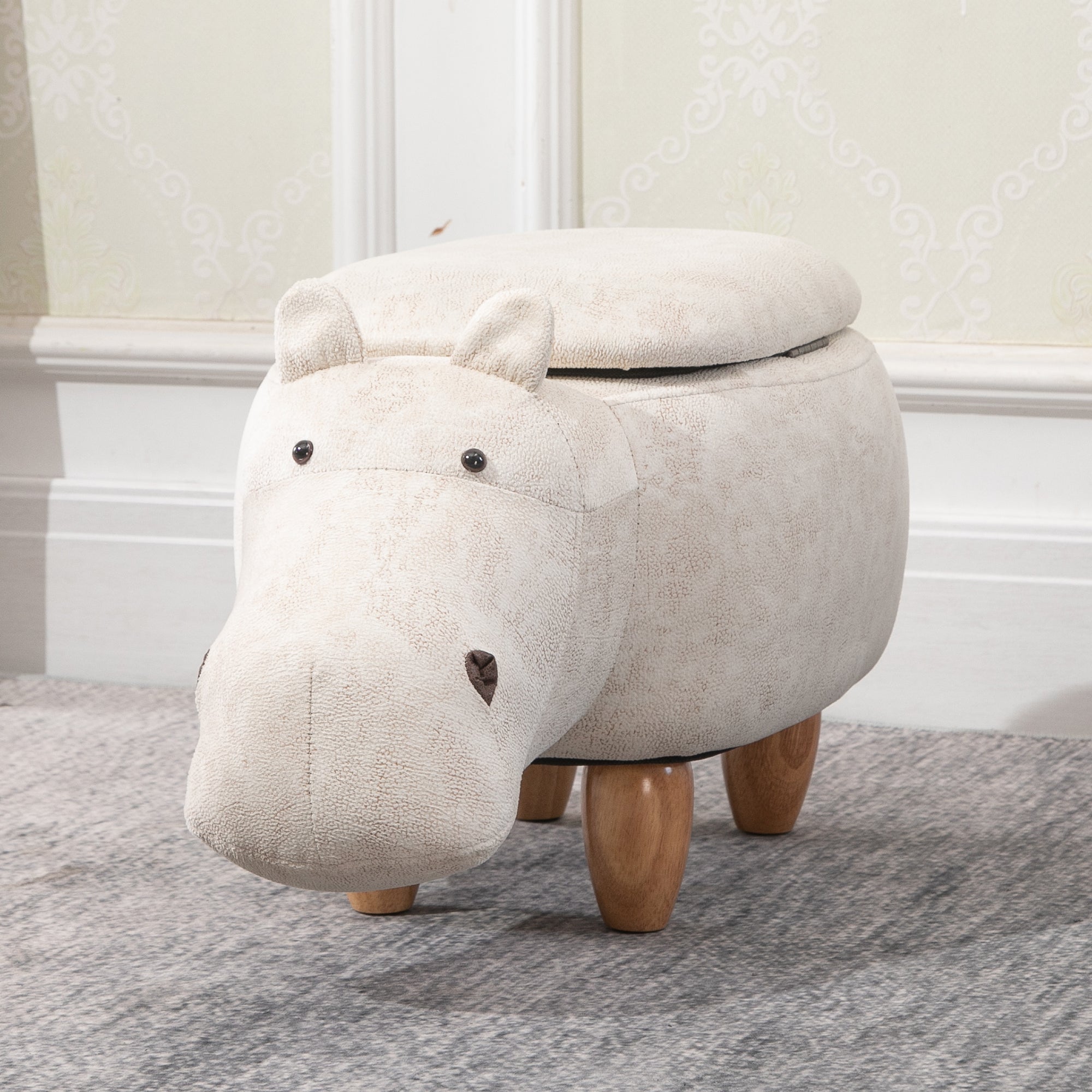 Hippo Storage Stool Cute Decoration Footrest Wood Frame Legs with Padding Lid Ottoman Animal Furniture Cream 36 x 65cm