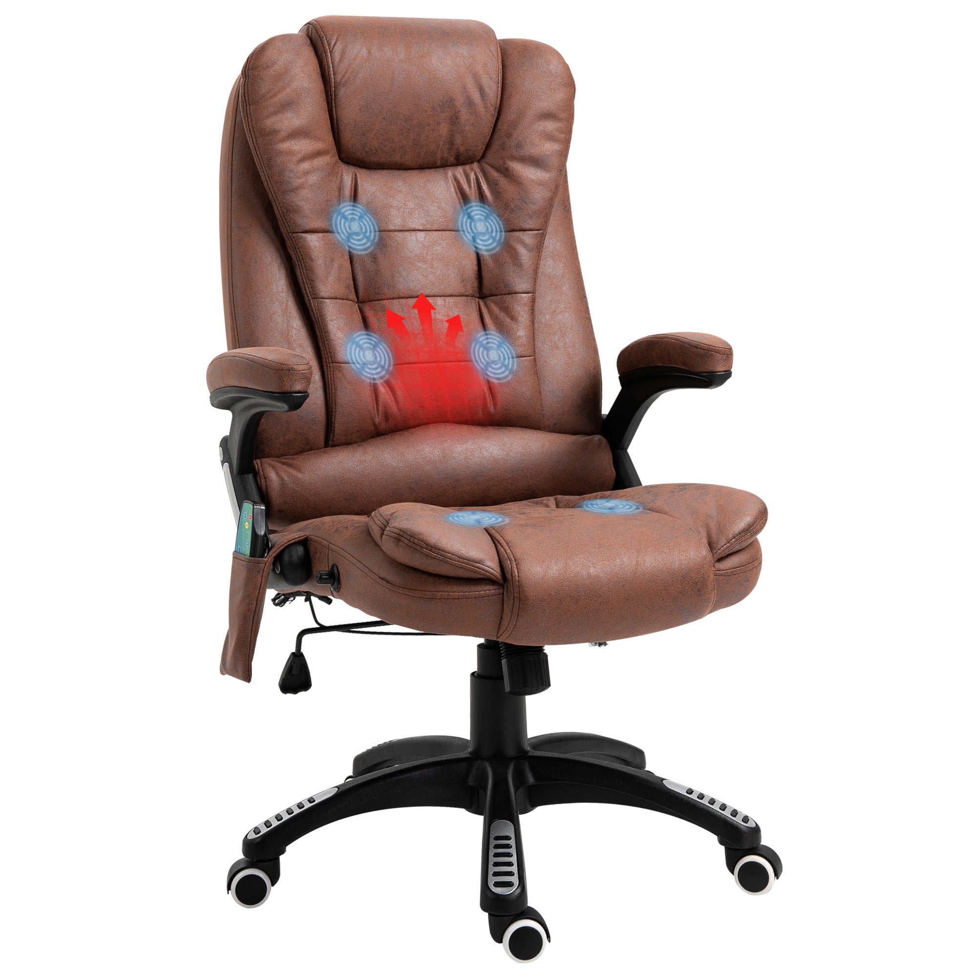 Massage Recliner Chair Heated Office Chair with Six Massage Points Microfiber Cloth 360° Swivel Wheels Brown