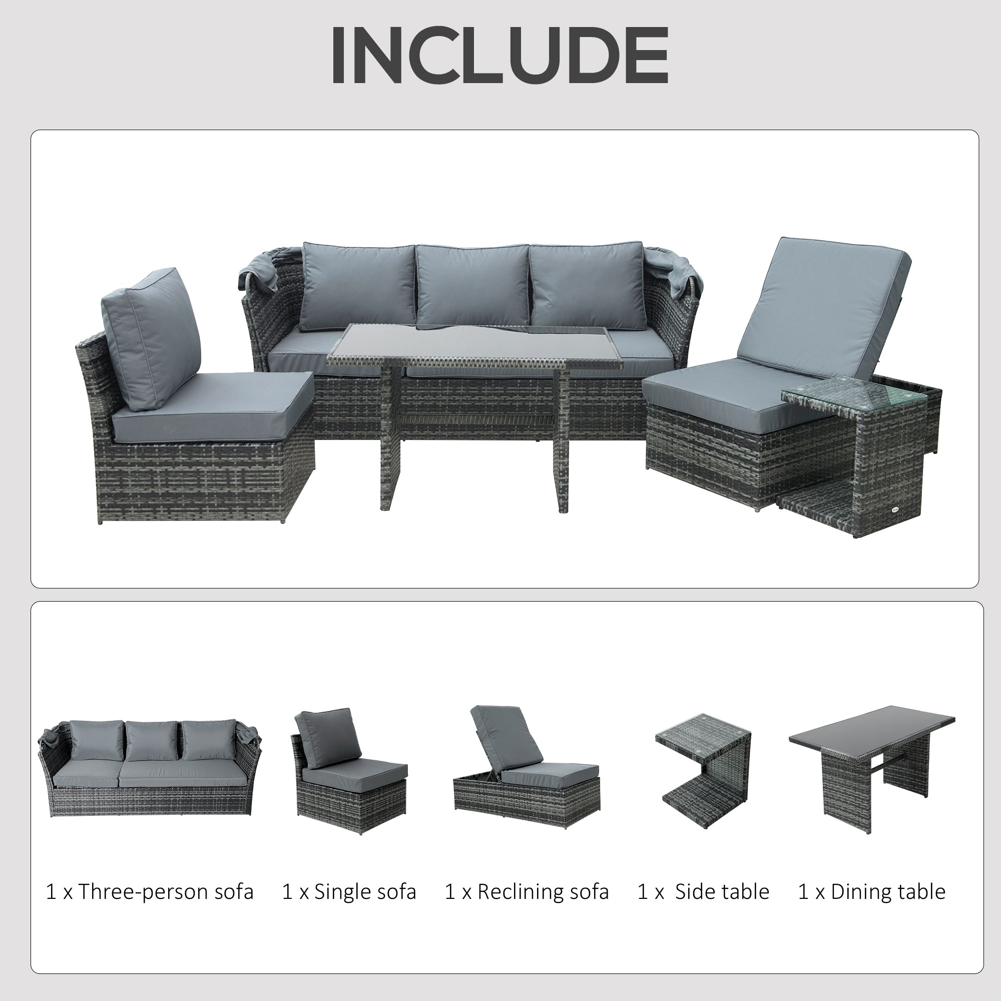 5-Seater Outdoor Rattan Garden Sofa Sets Reclining Sofa Adjustable Canopy & Side Dining Table Set, Mixed Grey