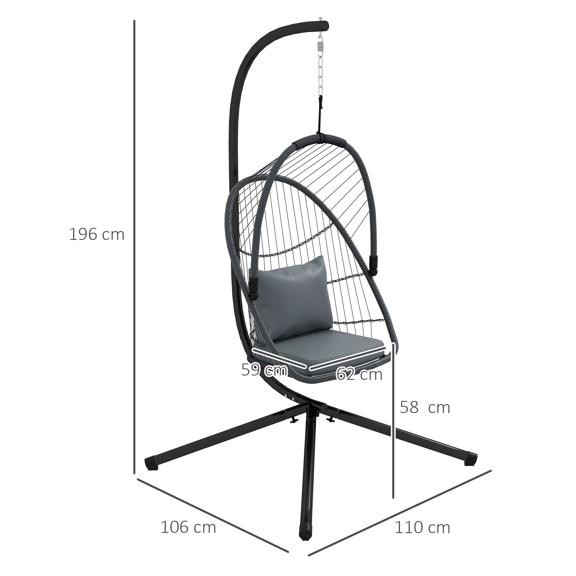 Outdoor PE Rattan Swing Chair with Cushion, Foldable Basket Patio Hanging Chair with Metal Stand, 360° Rotation Spring Hook, Basket Height Adjust with Metal Chain, Grey