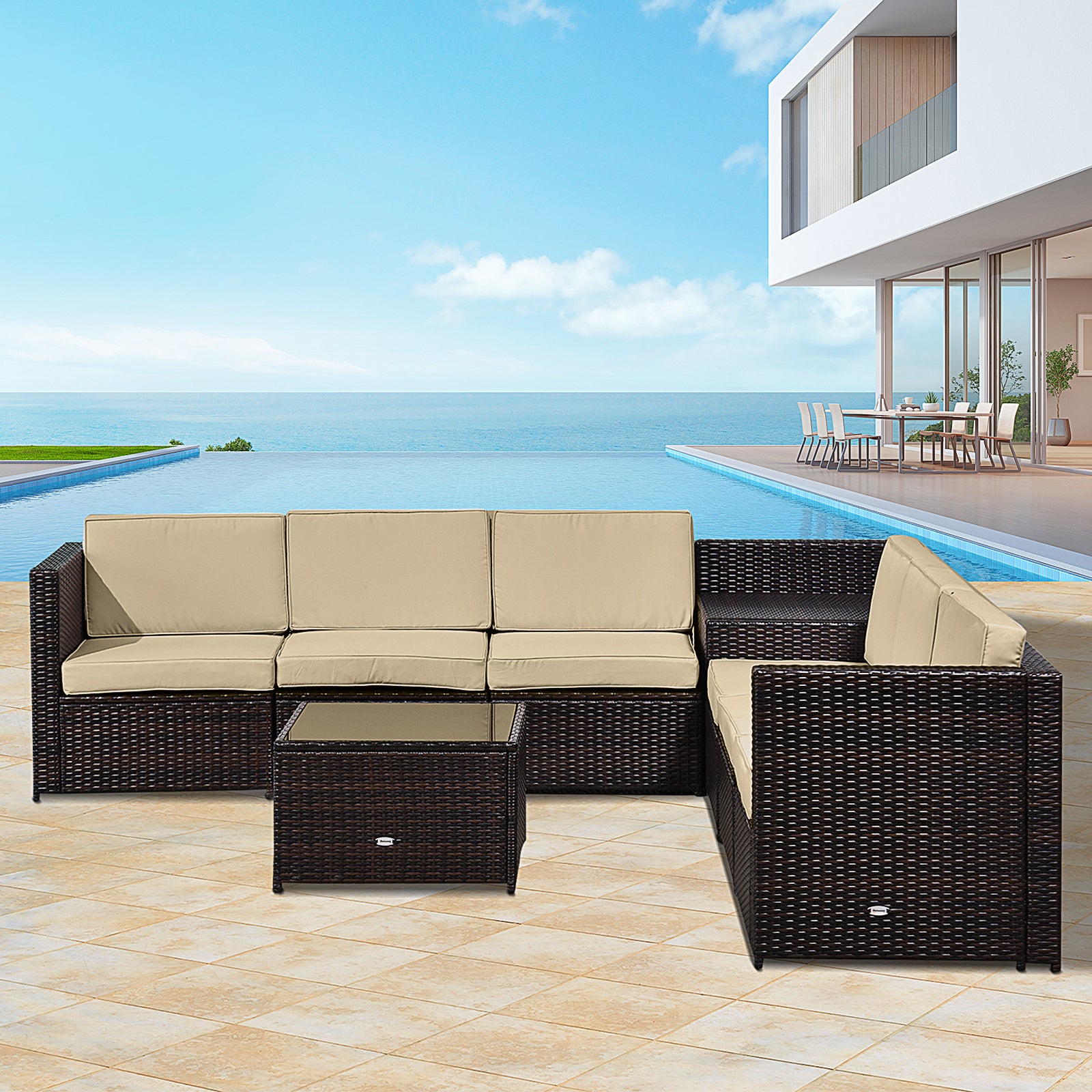 6-Seater Garden Rattan Furniture Patio Sofa and Table Set with Cushions Garden Corner Sofa 8 pcs Corner Wicker Seat Brown