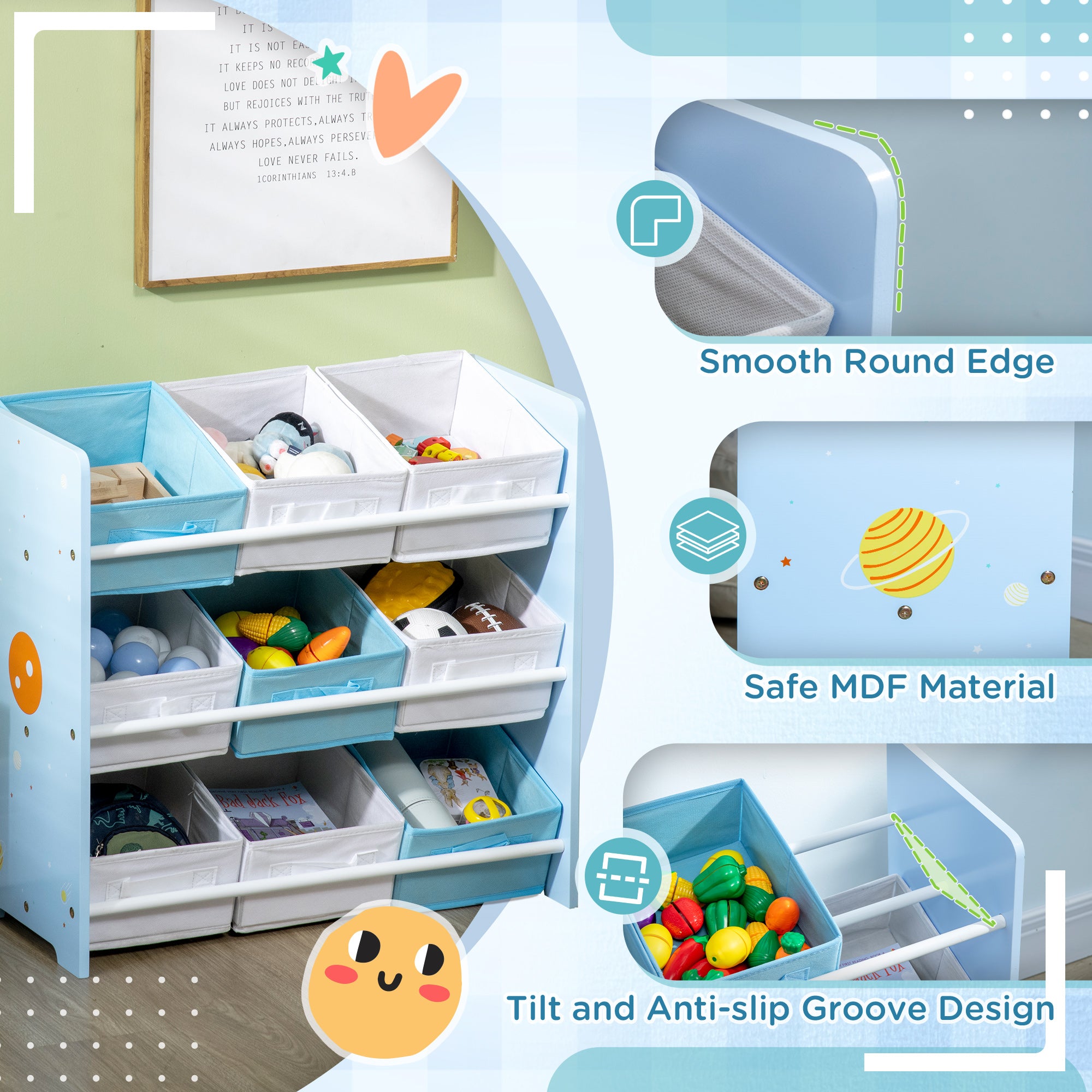 Kids Storage Unit with 9 Removable Storage Baskets, Toy Box Organiser with Shelf, Book Shelf for Nursery Playroom, Blue