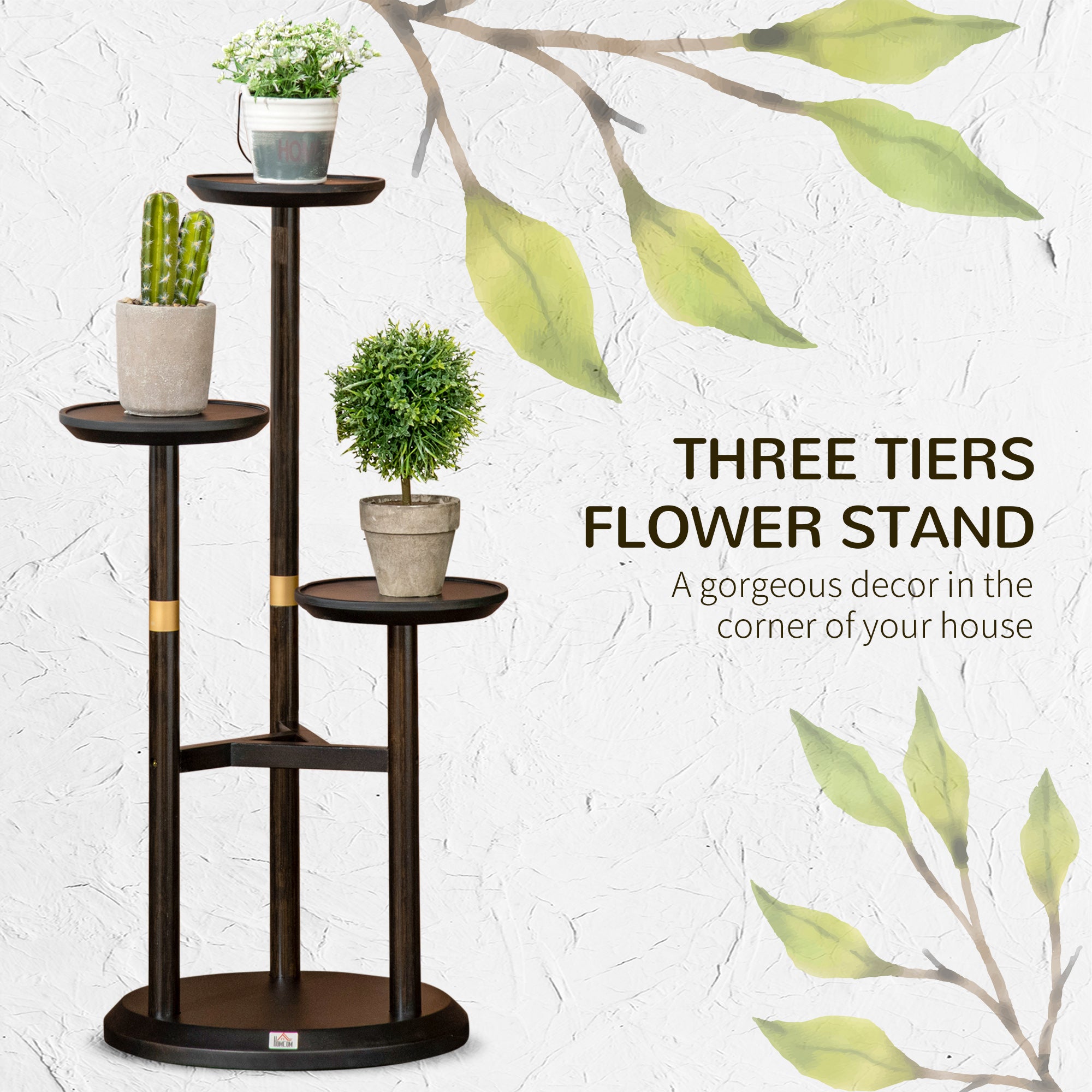 3-Tier Plant Stand, Plant Shelf Rack, Bamboo Display Stand, 46x46x86cm, Dark Walnut