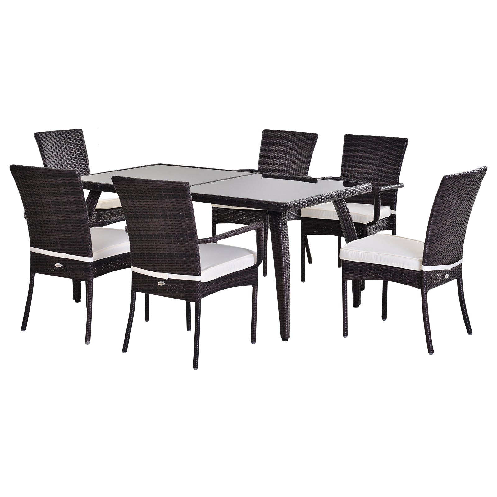 6-Seater Rattan Dining Set | 6 Wicker Weave Chairs & Tempered Glass Top Dining Table 6 Seater Outdoor Backyard Garden Furniture, Brown