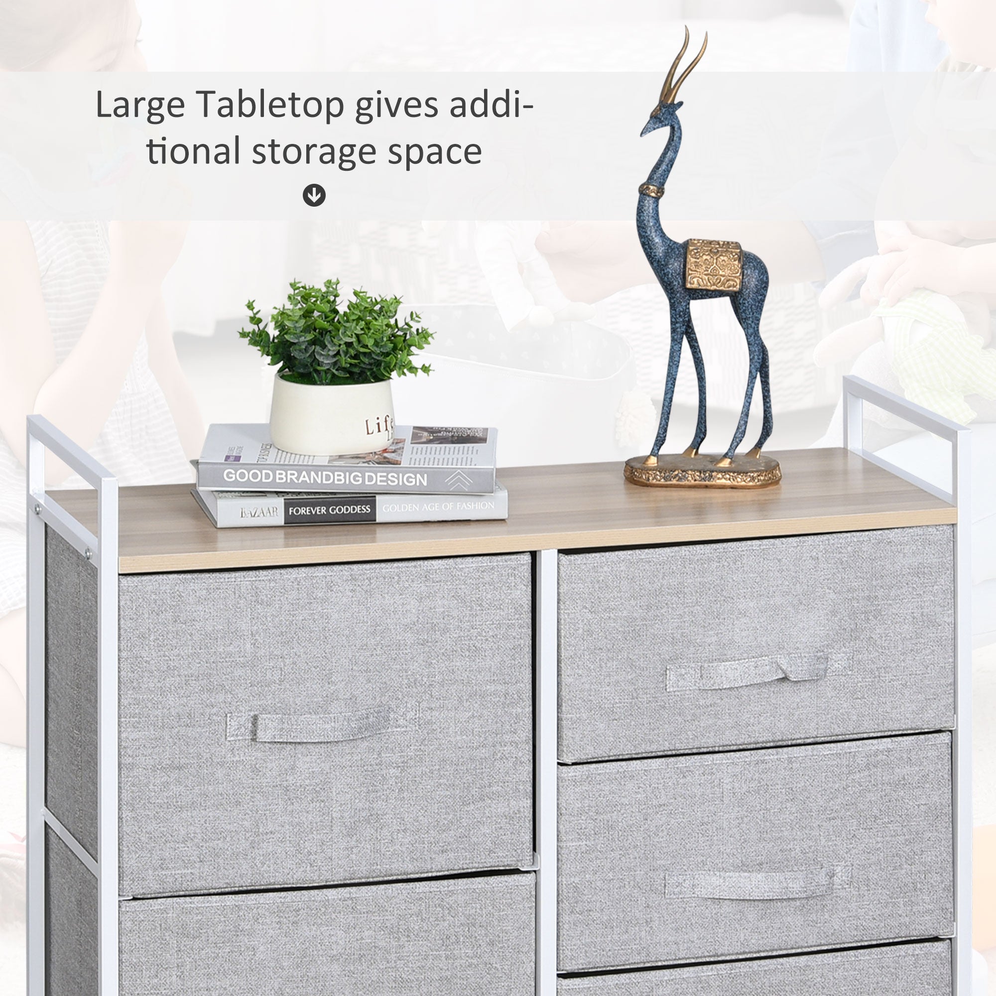 5 Drawer Linen Storage Chest Home Organisation w/ Shelf Handles Metal Frame Adjustable Feet Hallway Home Dresser Grey