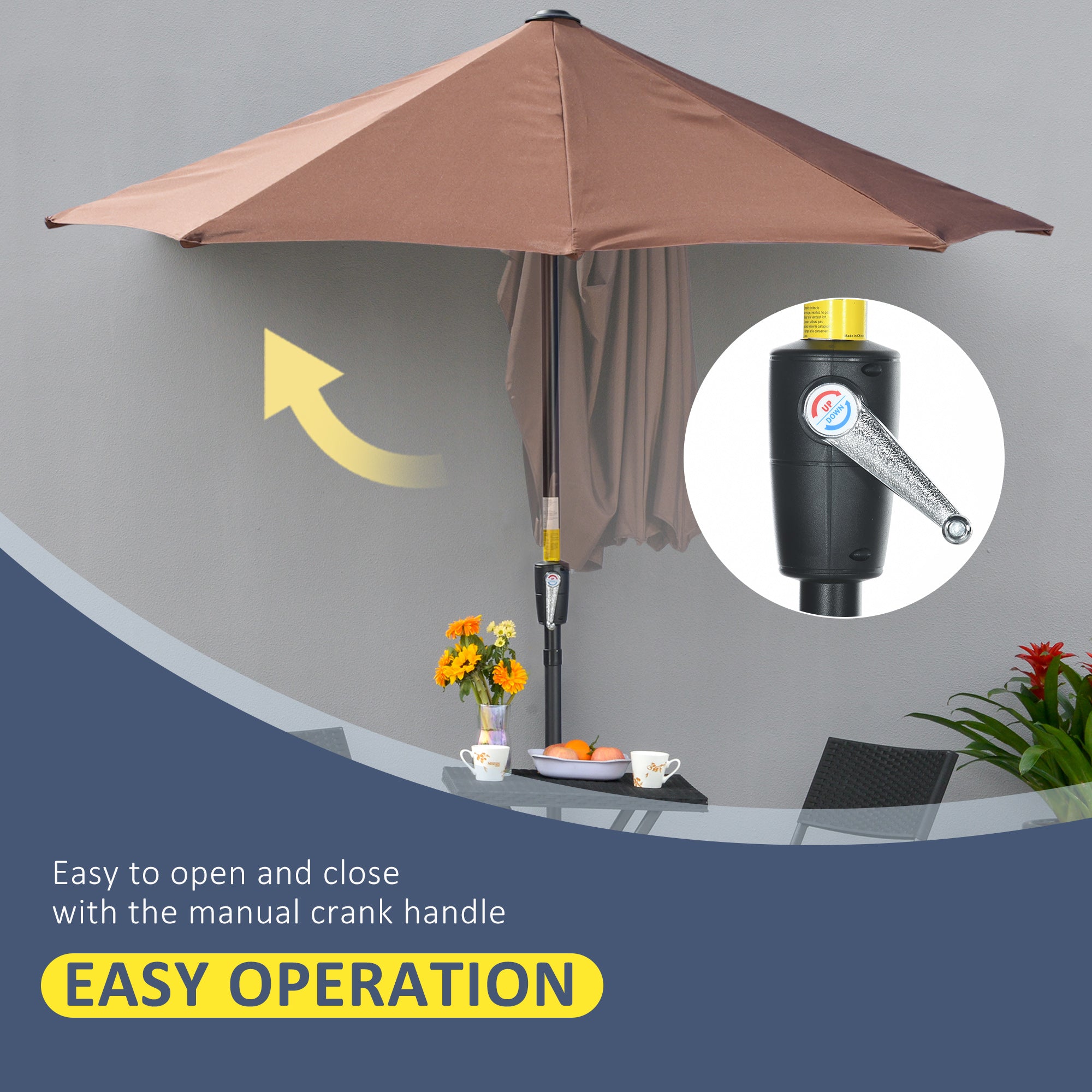 2m Half Parasol Market Umbrella Garden Balcony Parasol with Crank Handle, Base, Double-Sided Canopy, Coffee