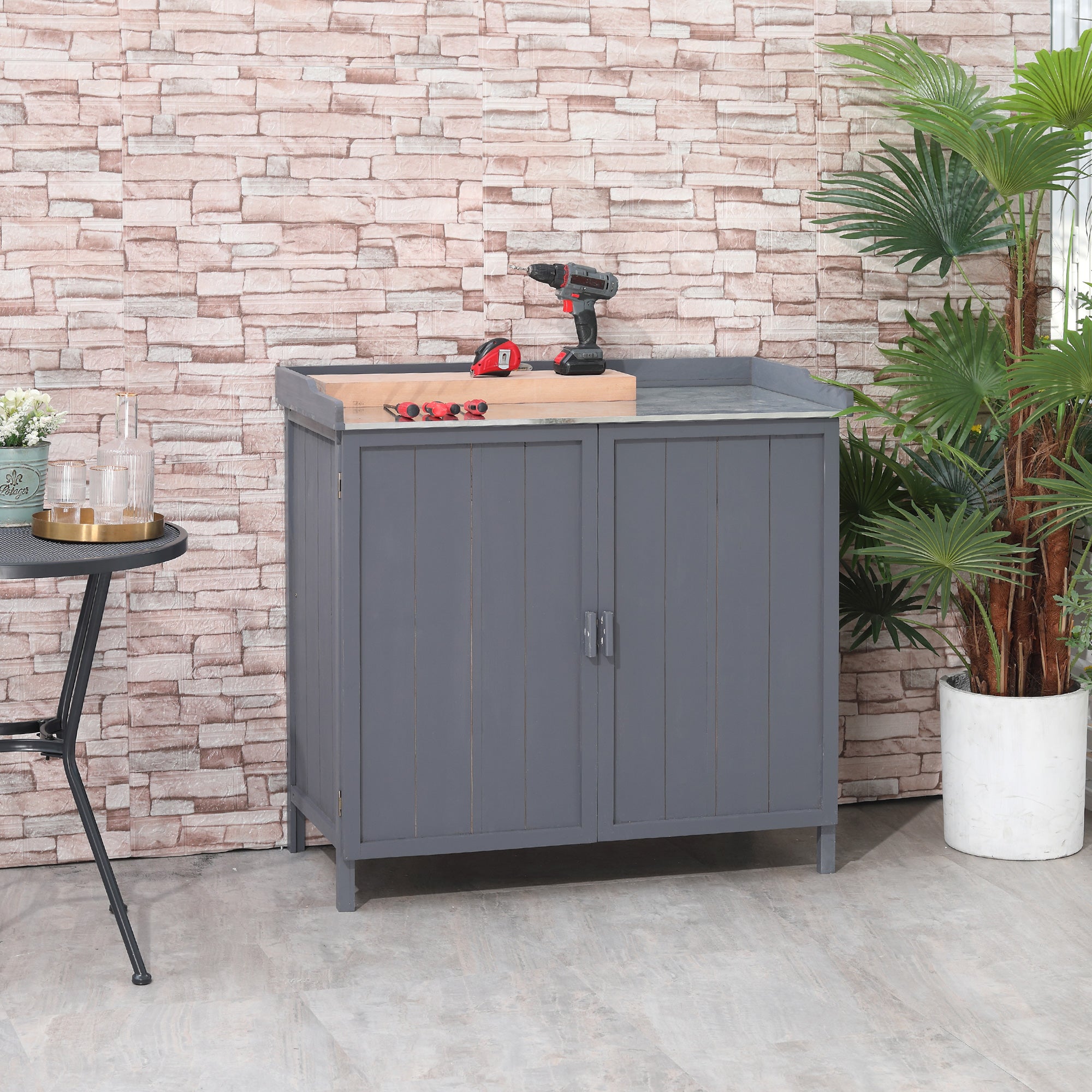 Wooden Garden Storage Shed Tool Cabinet Organiser w/ Potting Bench Table, Two Shelves, 98 x 48 x 95.5 cm, Grey