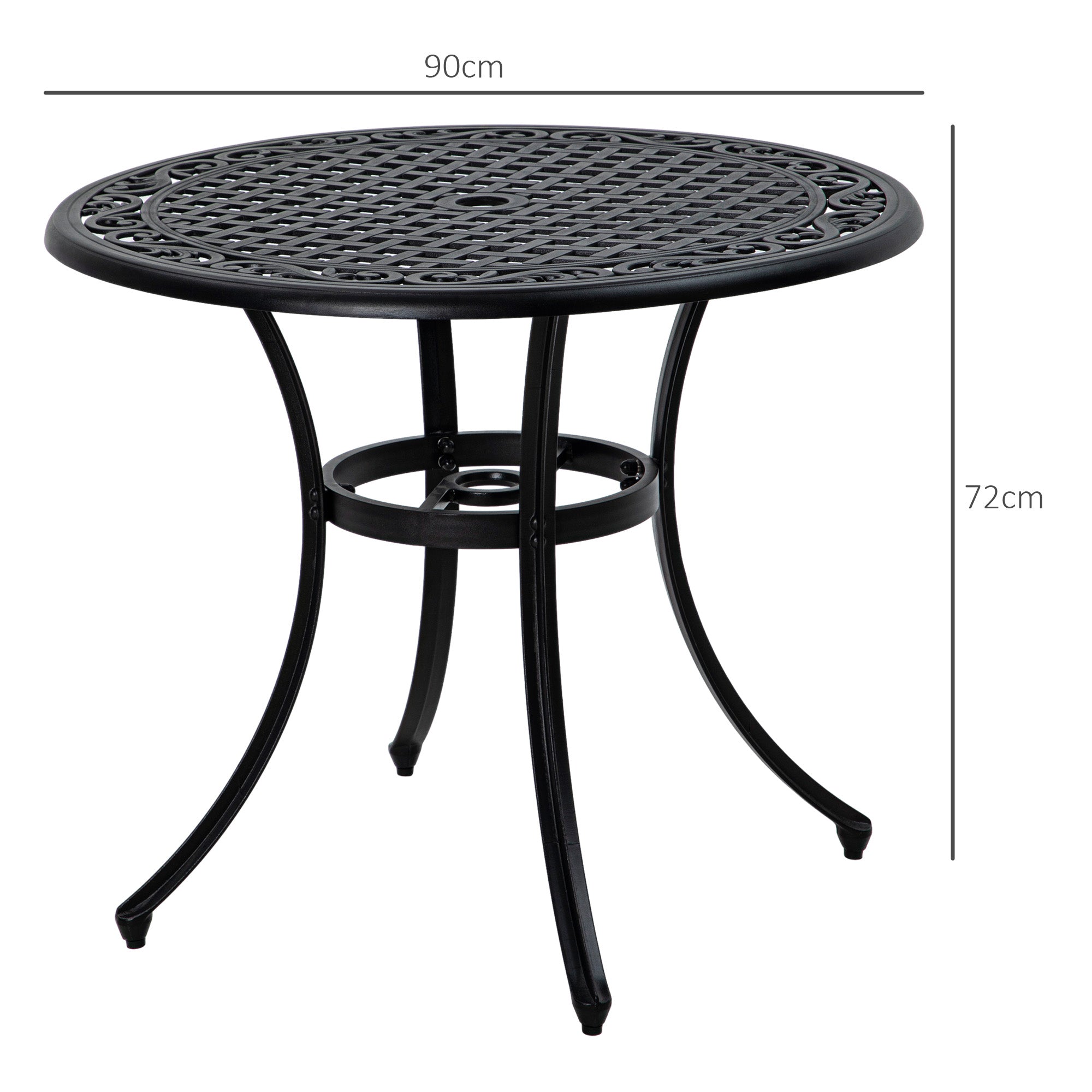 Round Garden Table with Parasol Hole, 90cm Cast Aluminium Outdoor Dining Table for 2-4 for Balcony - Black