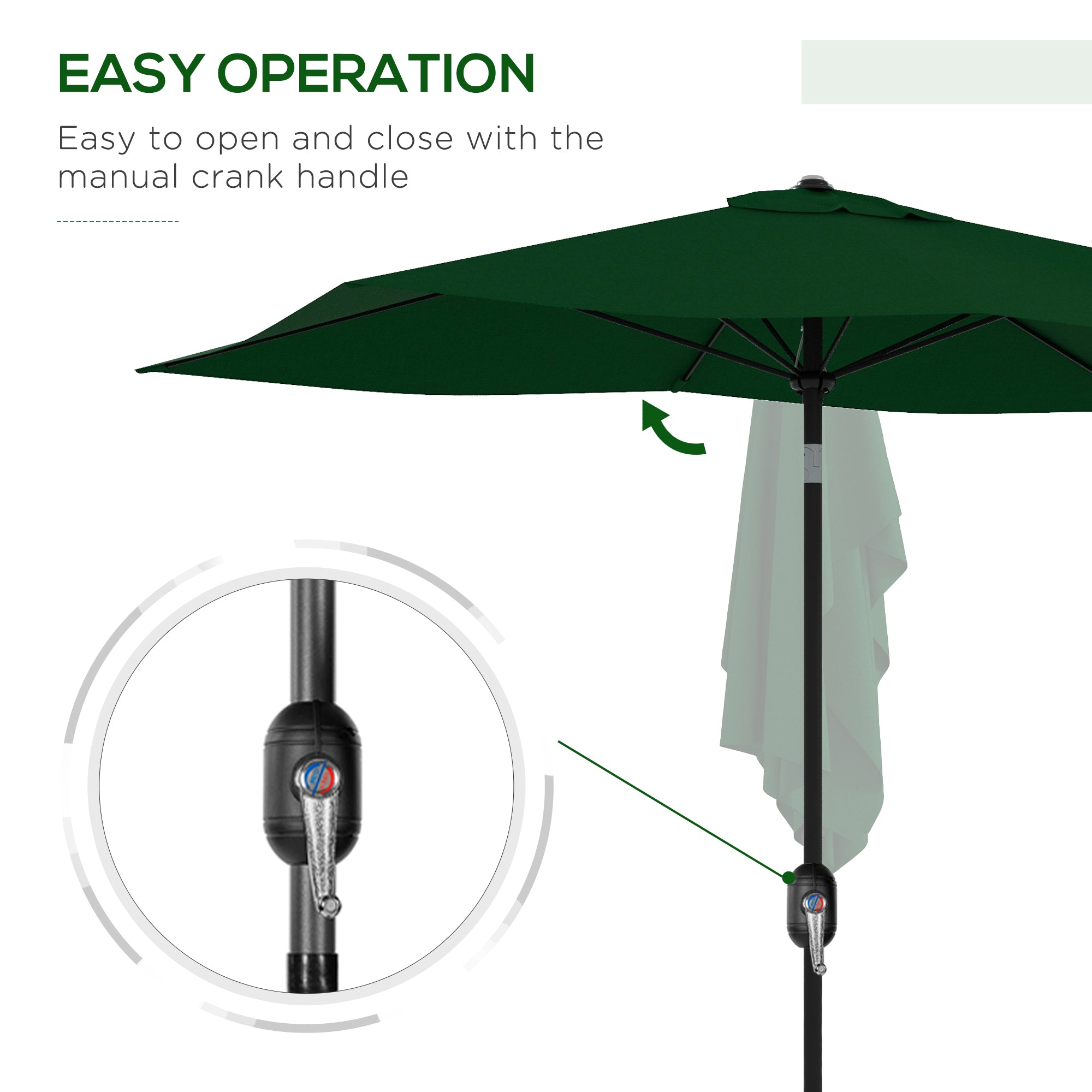 Rectangular Outdoor Parasol Market Umbrella with Crank & Push Button Tilt, 6 Ribs, Aluminium Pole, 2 x 3(m), Green