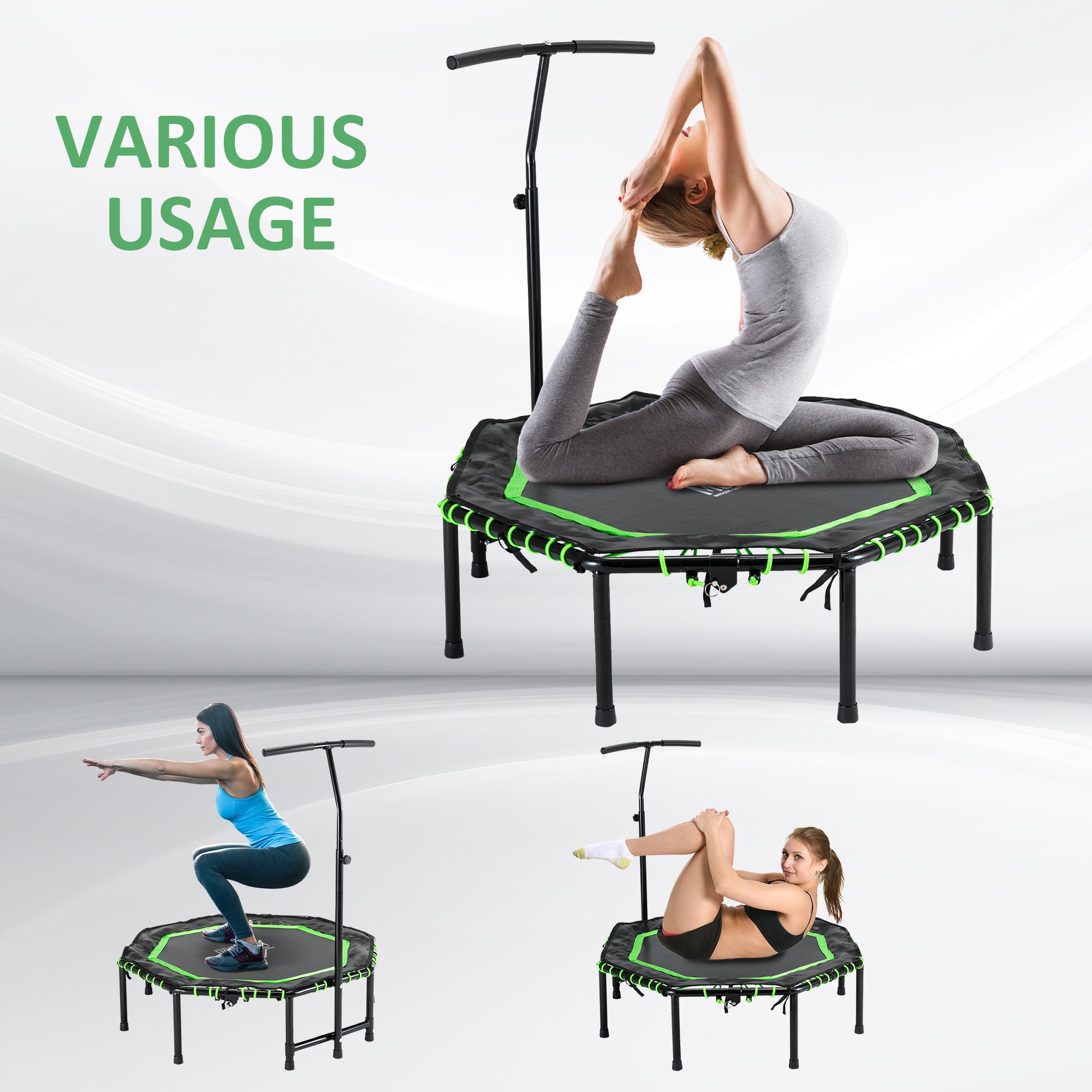 48" Octagonal Foldable Fitness Rebounder Trampoline with Adjustable Handle - Green