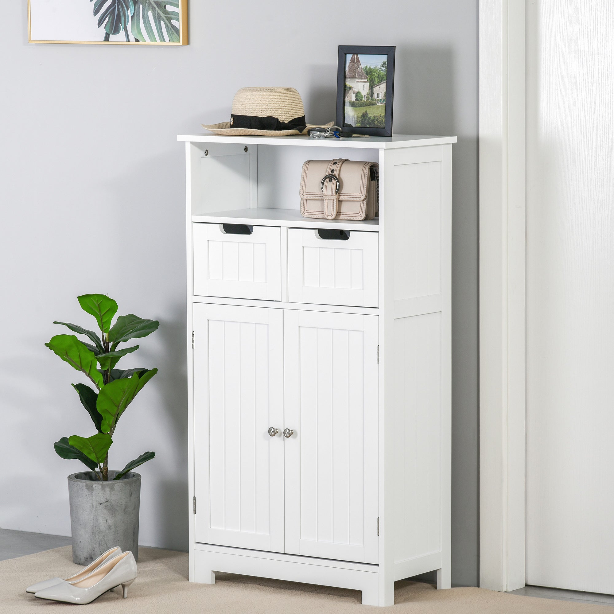 Freestanding Bathroom Cabinet, Narrow Freestanding Unit, Storage Cupboard Organizer with 2 Drawer Adjustable Shelf, White