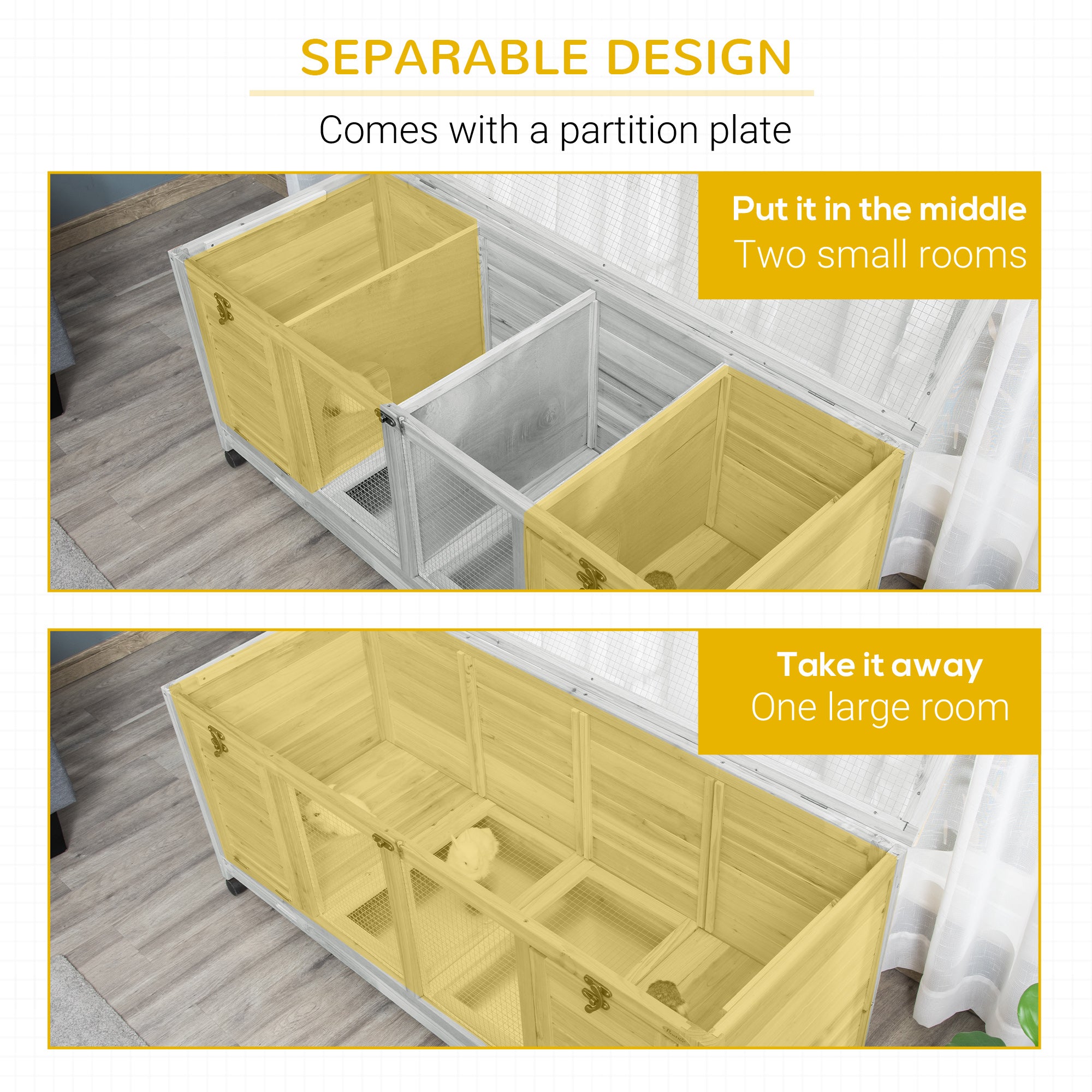 Wooden Rabbit Hutch, Mobile Guinea Pig Cage, Separable Bunny Run, Small Animal House with Wheels, Slide-out Tray, 138 x 53 x 61cm, Light Grey