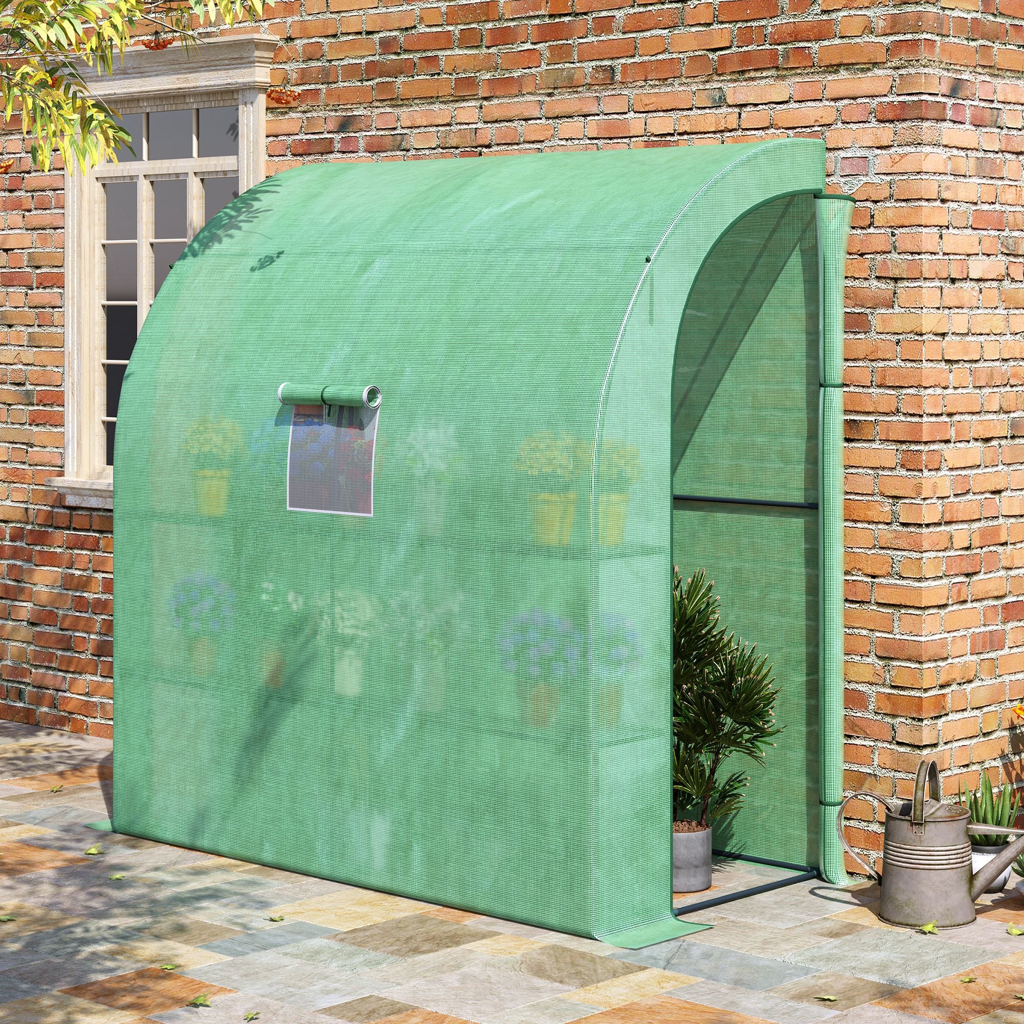 Lean to Greenhouses with Windows and Doors 2 Tiers 4 Wired Shelves 200L x 100W x 215Hcm Green