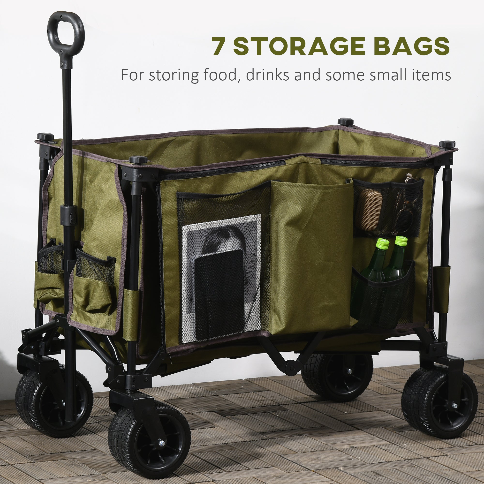 Folding Garden Trolley on Wheels, Collapsible Camping Trolley, Outdoor Utility Wagon with Steel Frame and Oxford Fabric, Green