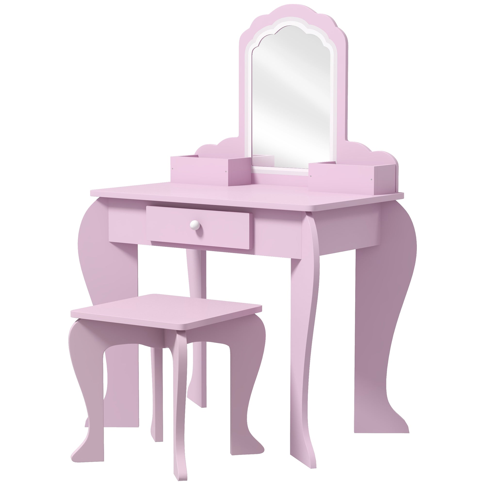 Kids Vanity Table with Mirror and Stool, Cloud Design, Drawer, Storage Boxes, for 3-6 Years Old - Pink