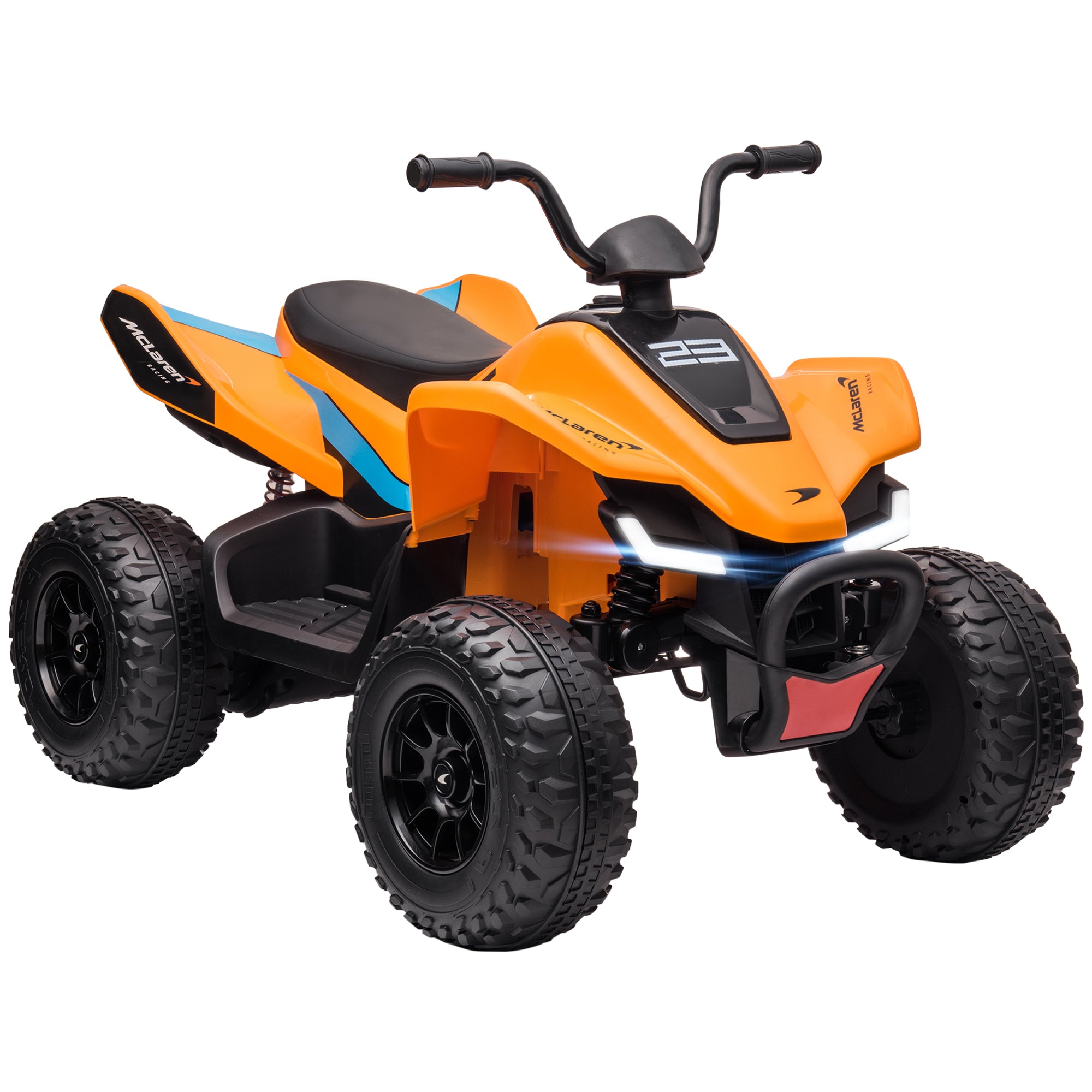 Mclaren Licensed 12V Quad Bike with Slow Start, Music, Headlights, MP3 Slot, Suspension Wheels, for 3-8 Years - Orange