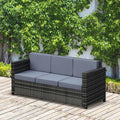 Garden Rattan 3-Seater Sofa with Fire Resistant Cushions Metal Frame - Grey