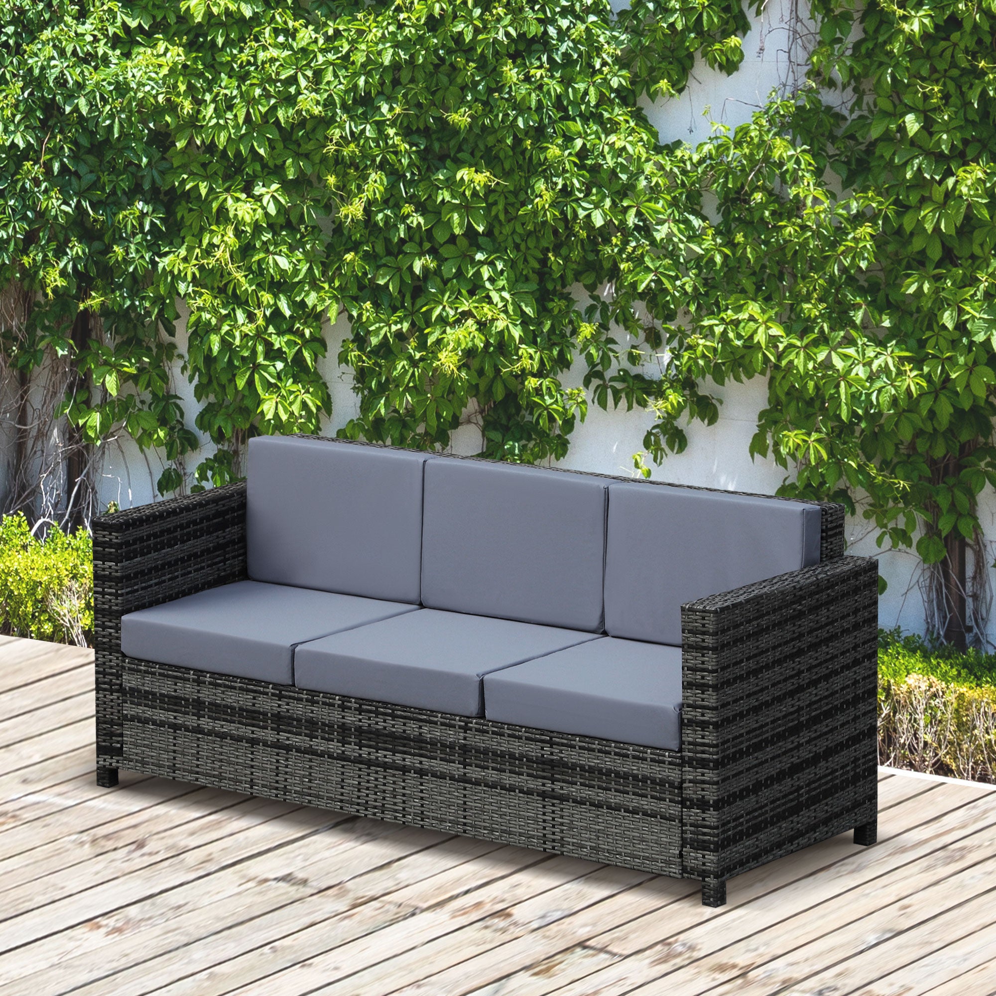 Garden Rattan Sofa 3 Seater All-Weather Wicker Weave Metal Frame Chair with Fire Resistant Cushion - Grey