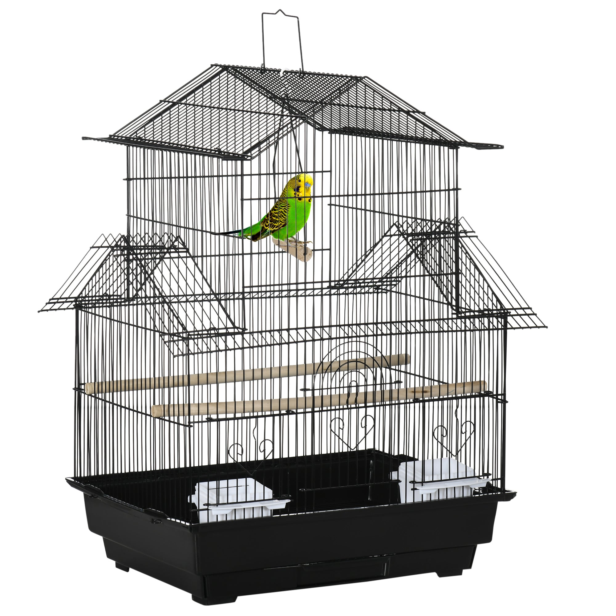 Metal Bird Cage with Plastic Swing Perch Food Container Tray Handle for Finch Canary Budgie 50.5 x 40 x 63cm Black