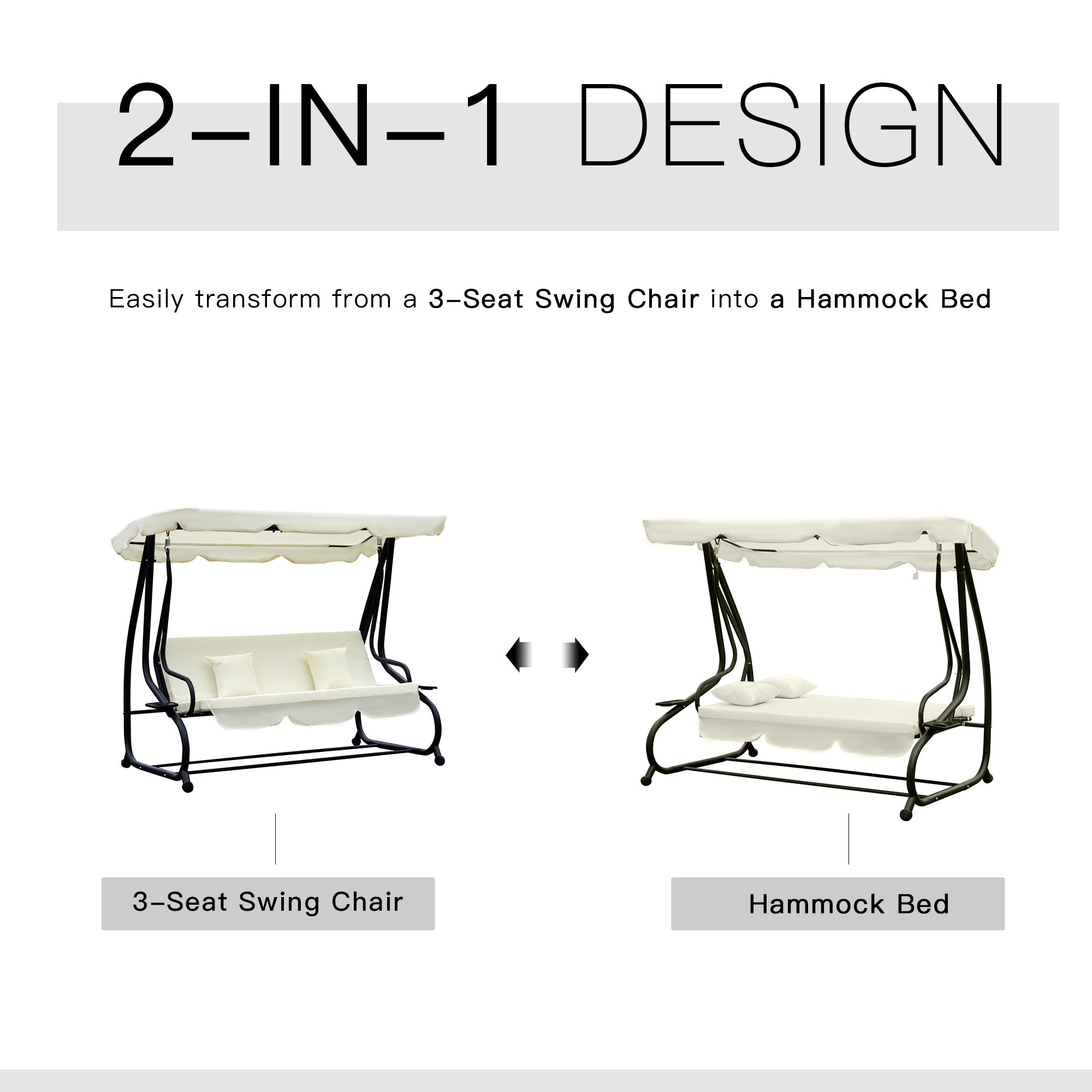 2-in-1 Garden Swing Seat Bed 3 Seater Swing Chair Hammock Bench Bed with Tilting Canopy and 2 Cushions, Cream White