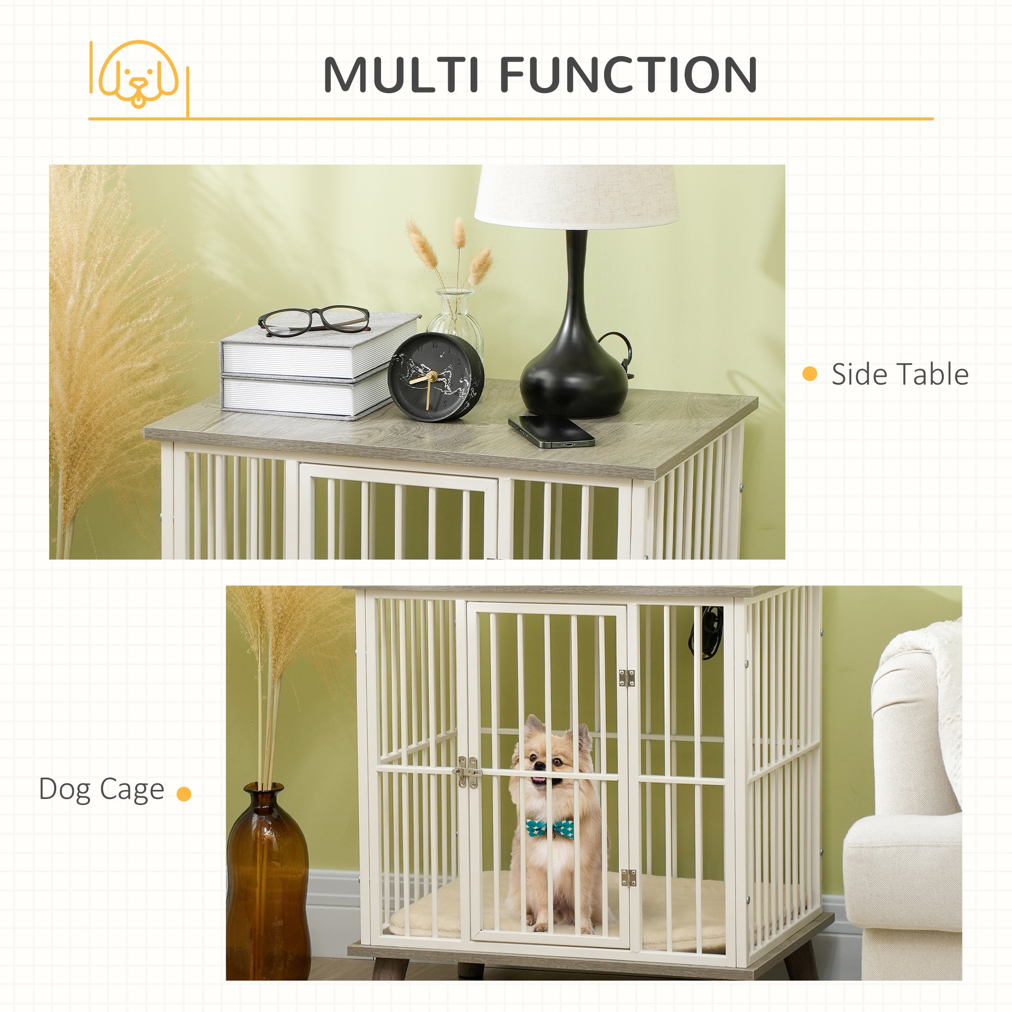 Dog Crate Furniture, Indoor Pet Kennel Cage, Top End Table w/ Soft Cushion, Lockable Door, for Small Dogs, 64.5 x 48 x 70.5 cm - Grey