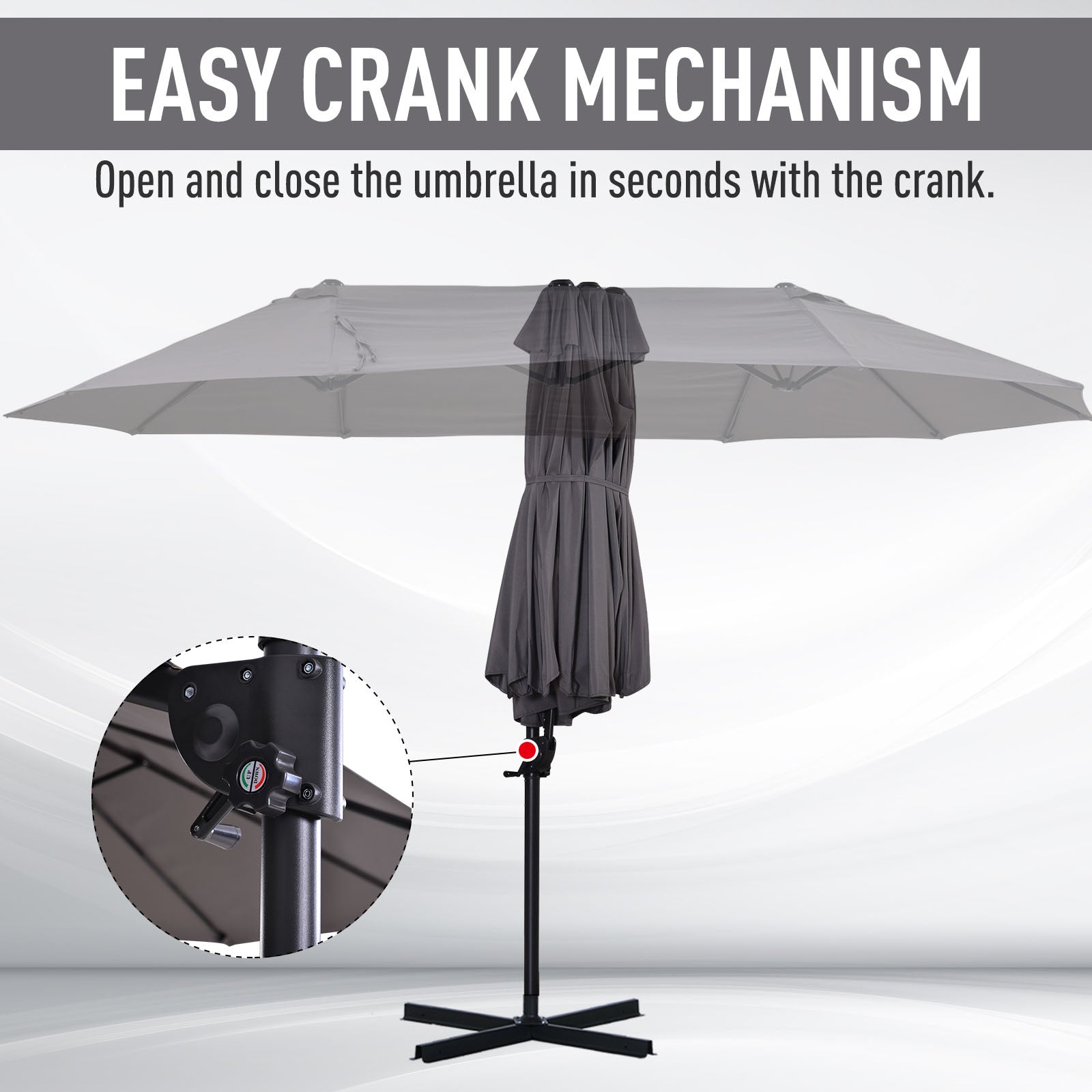 Double Parasol Patio Umbrella Garden Sun Shade w/ Steel Pole 12 Support Ribs Crank Handle Easy Lift Twin Canopy - Grey