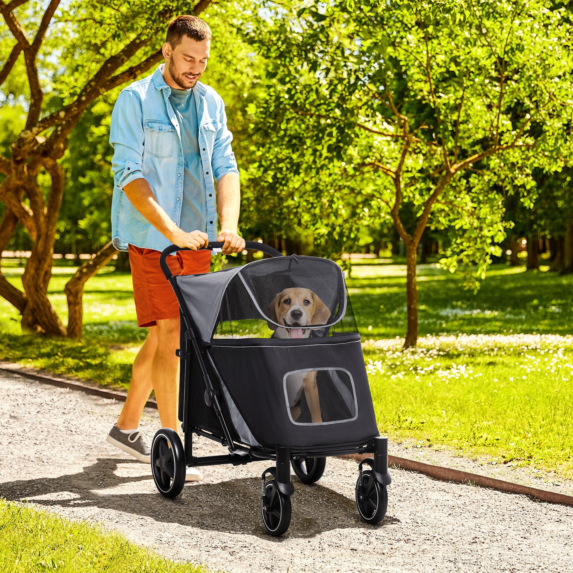 One-Click Foldable Pet Stroller, with Universal Wheels, Shock absorber, for Medium and Large Dogs - Grey