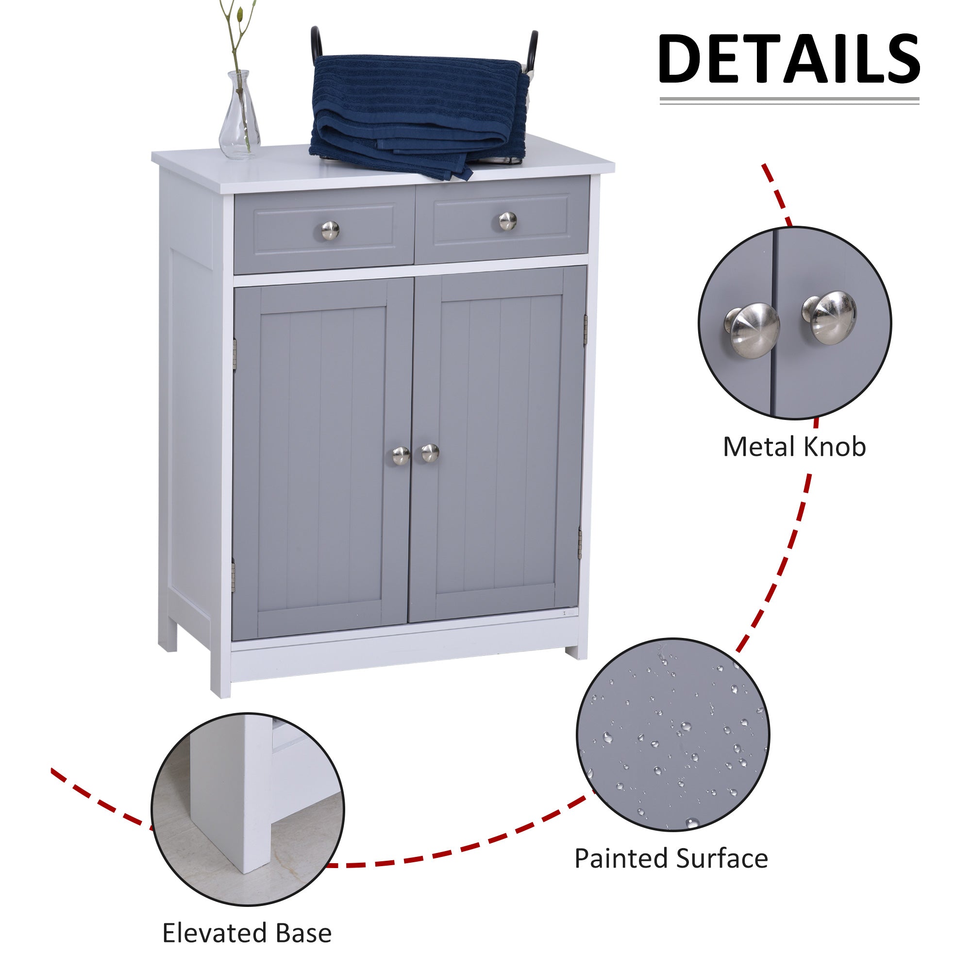 Bathroom Storage Cabinet Free-Standing Bathroom Cabinet Unit w/ 2 Drawers Cupboard Adjustable Shelf Metal Handles 75x60cm - Grey and White