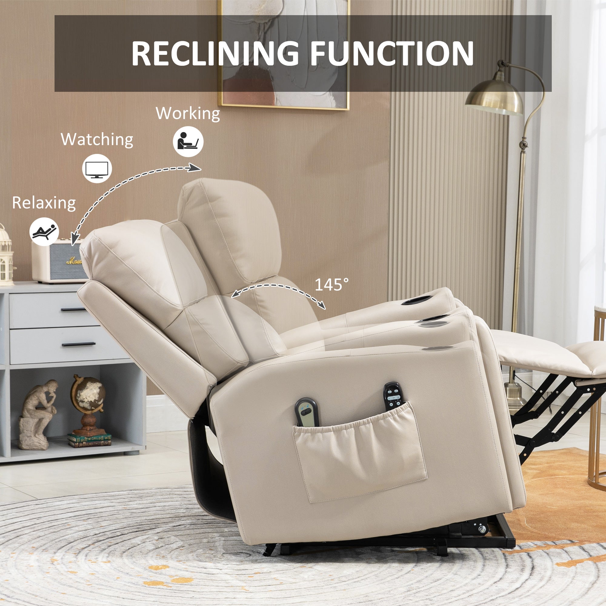 Lift Chair, Electric Riser and Recliner Chair with Vibration Massage, Heat, Cup Holders, Side Pockets, Beige