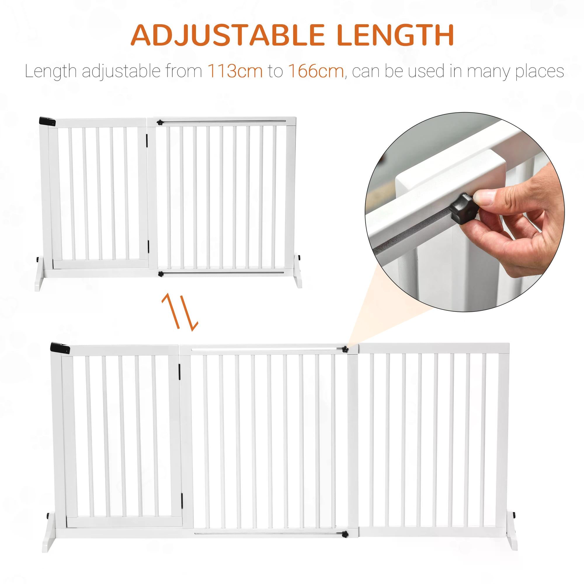 Adjustable Wooden Pet Gate Freestanding Dog Barrier Fence Doorway 3 Panels Safety Gate w/ Lockable Door White 71H x 113-166W cm