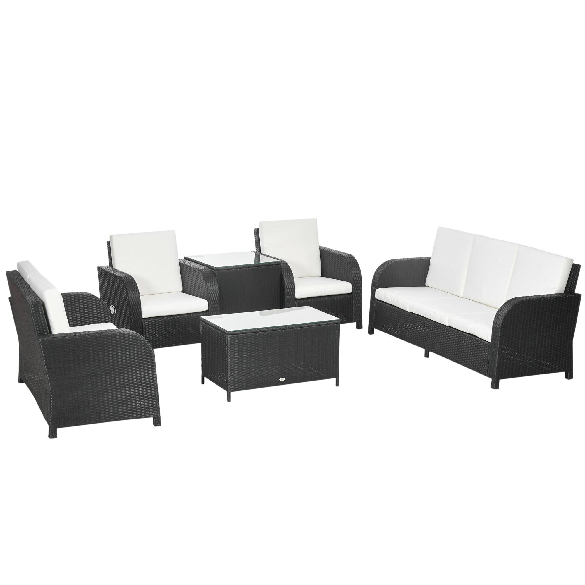 7 Seater Outdoor Rattan Garden Furniture Sets with Wicker Sofa, Reclining Armchair and Glass Table, 181x75x81cm, Black