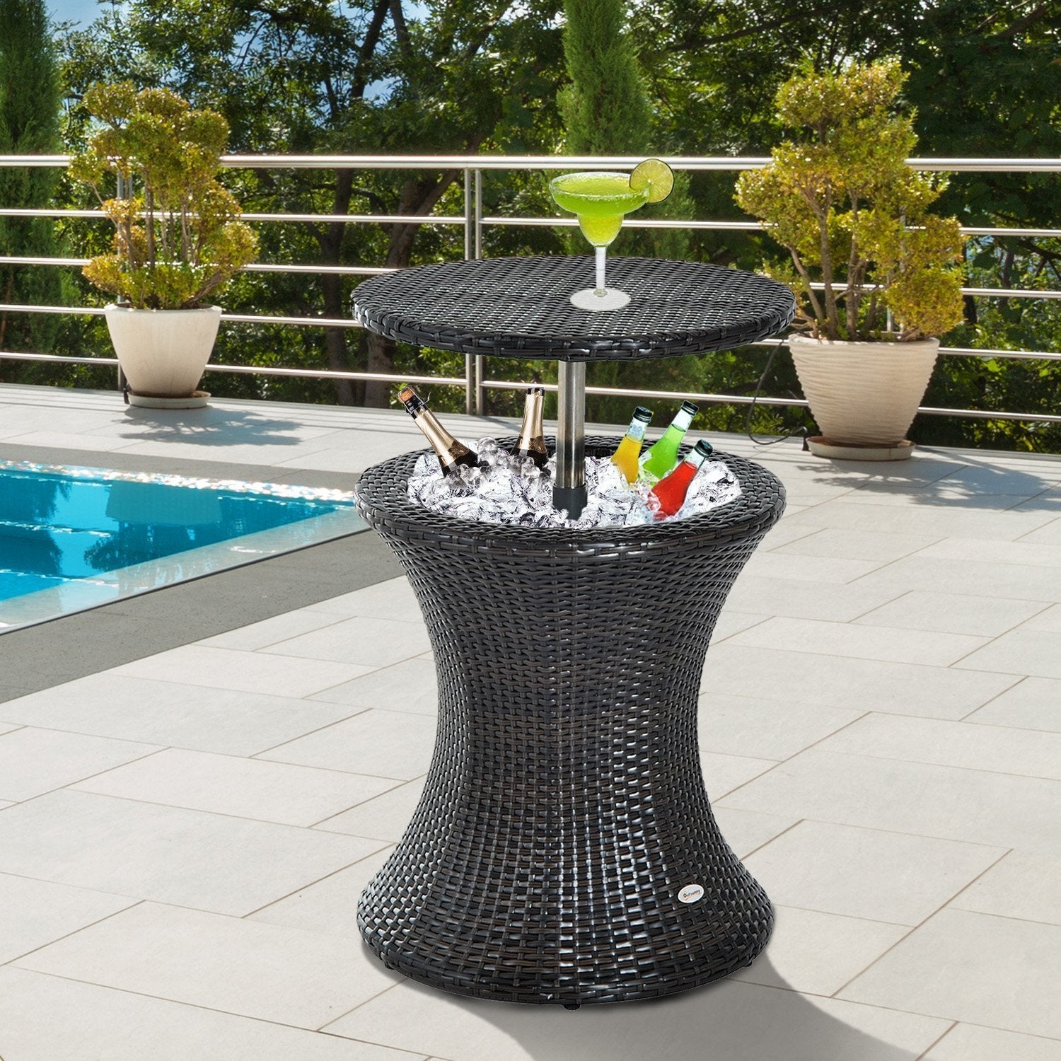 Rattan Ice Bucket Table Beer Cooler For Outdoor Patio Party Bar Garden Brown