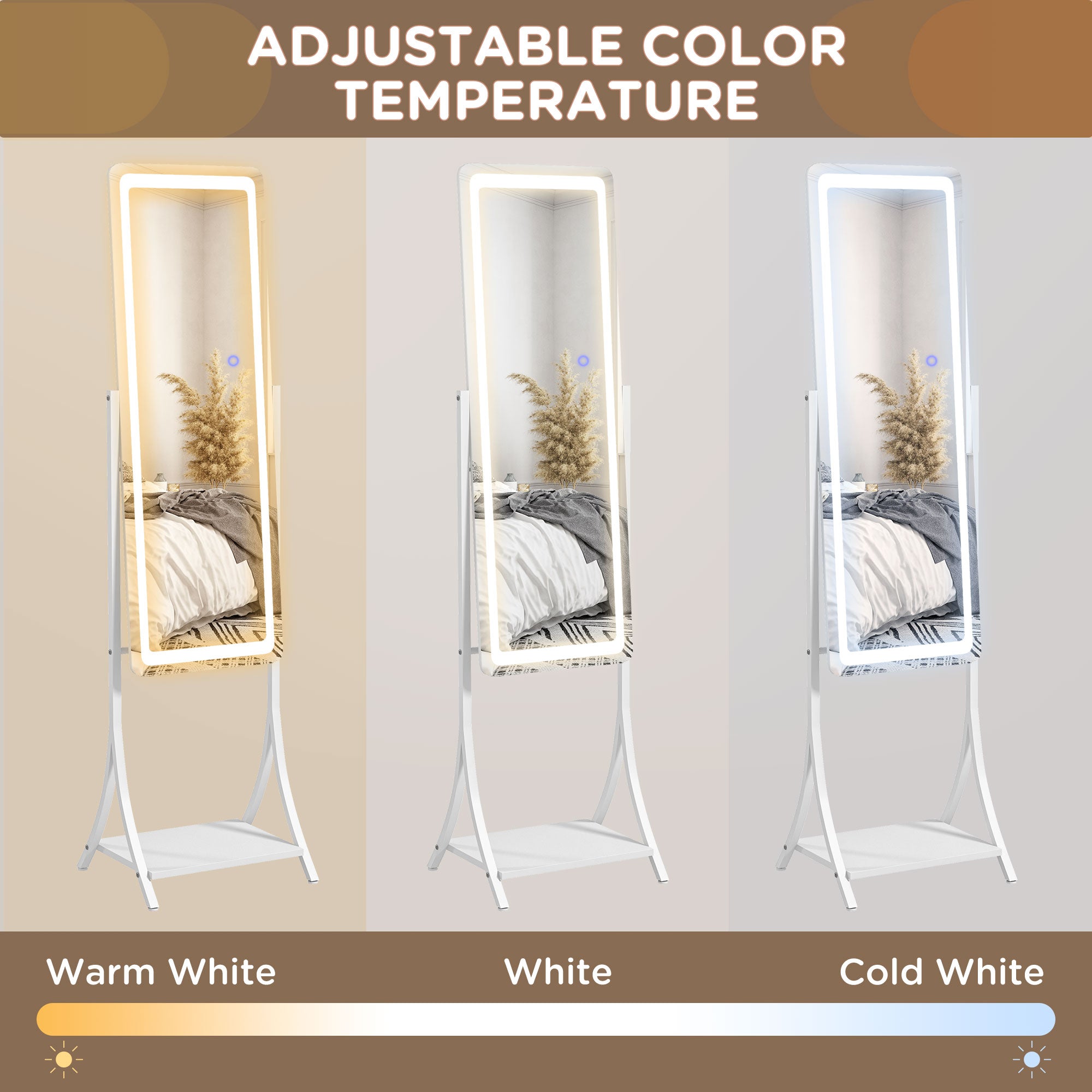 Free Standing Dressing Mirror with LED Lights, Full Length Mirror with 3 Temperature Colours and Storage Shelf