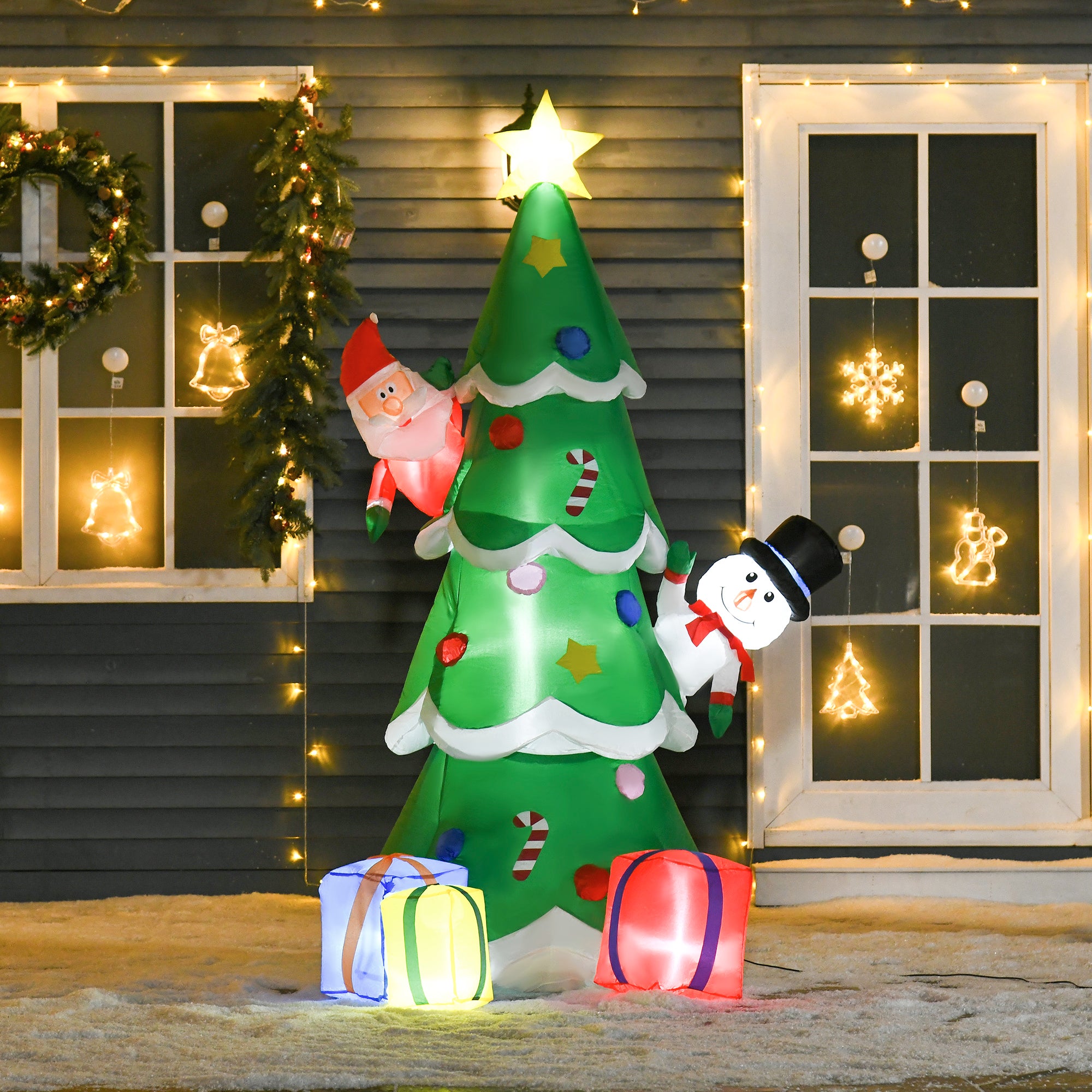 7ft Tall Christmas Inflatable Tree LED Lighted with Santa Claus Snowman and Gift Box for Home Indoor Outdoor Garden Lawn Decoration Party Prop