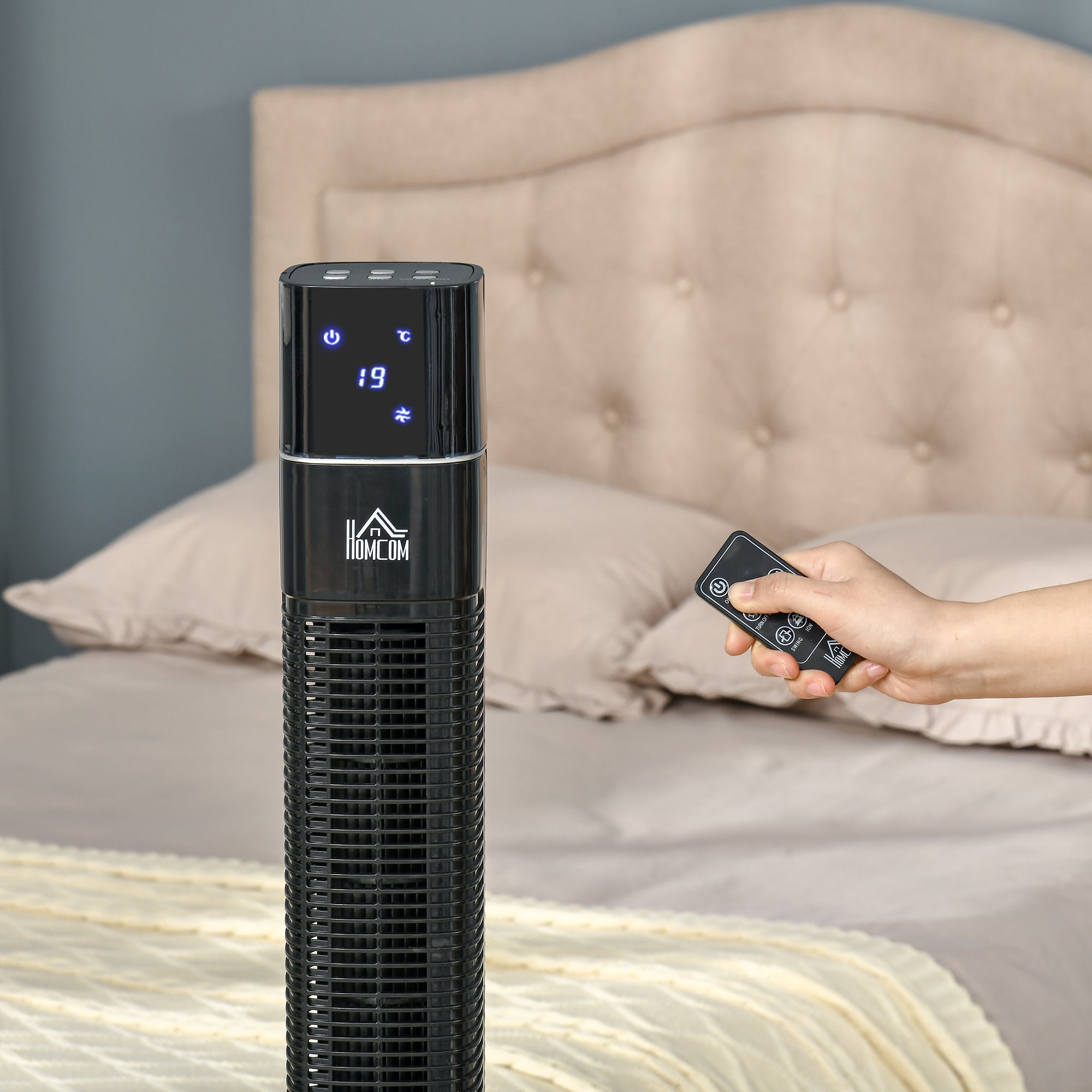 47" Anion Tower Fan Cooling for Bedroom with 3 Speed, 12h Timer, Oscillating, LED Display, Remote Controller, Black