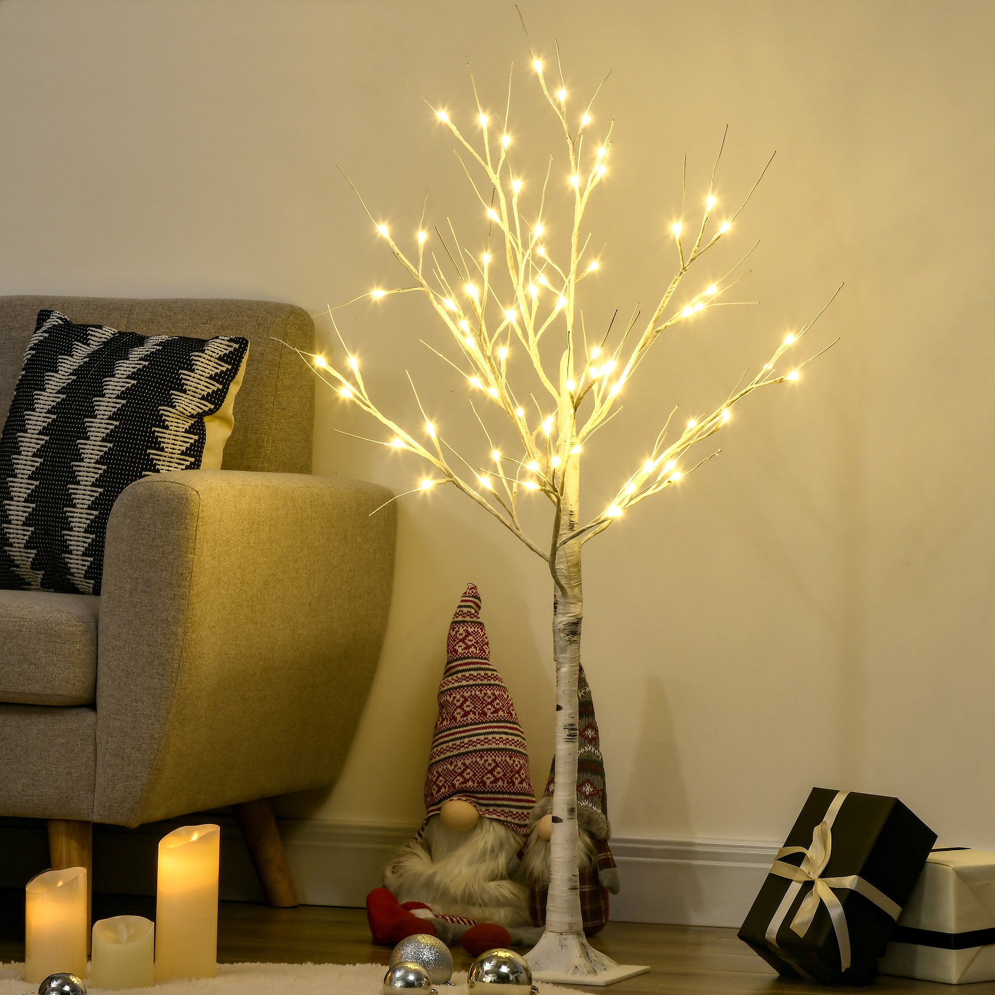4ft Artificial White Birch Tree with 72 Warm White LED Lights - White