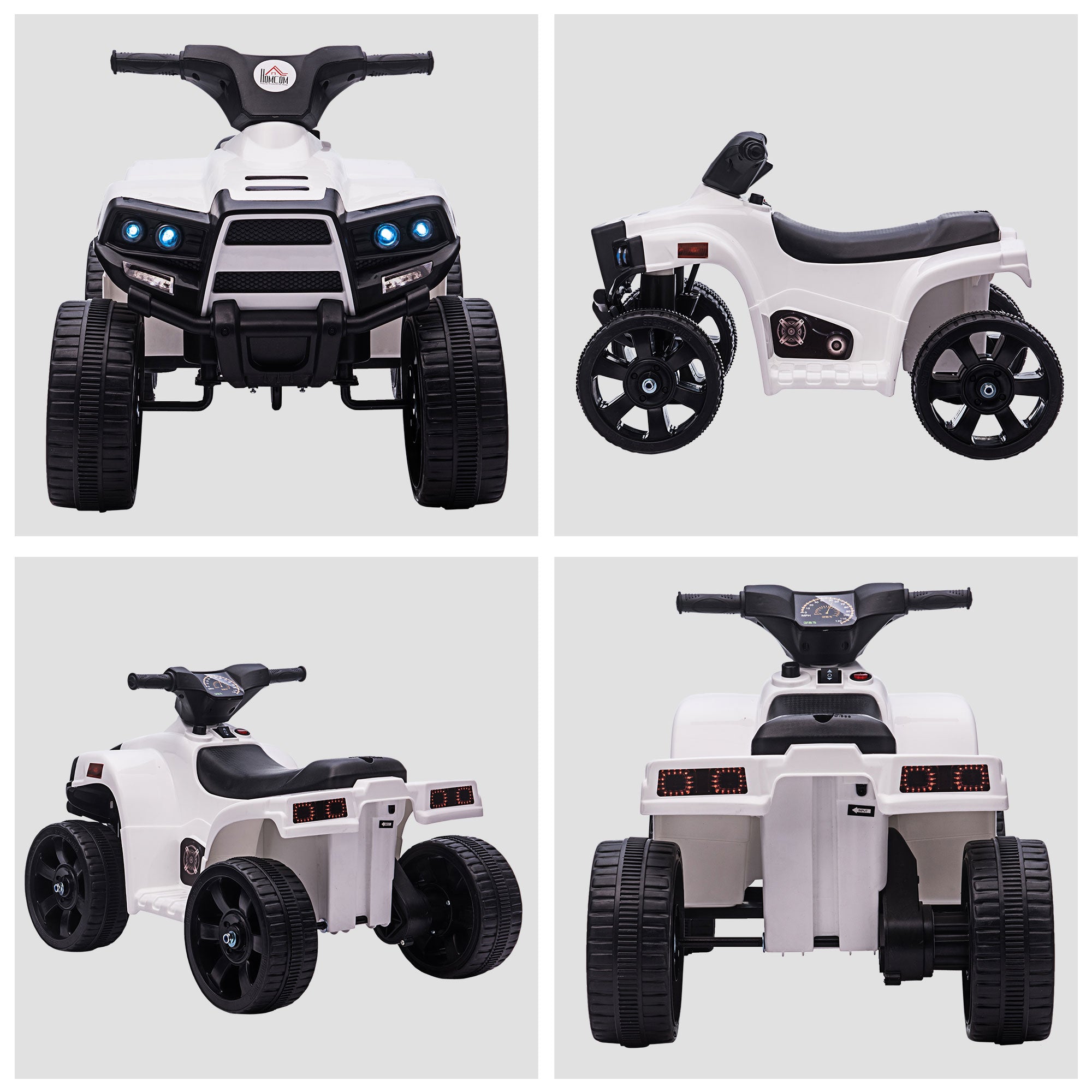 6 V Kids Ride on Cars Quad Bike Electric ATV Toy Quad Bike for Toddlers w/ Headlights Battery Powered for 18-36 months White+Black