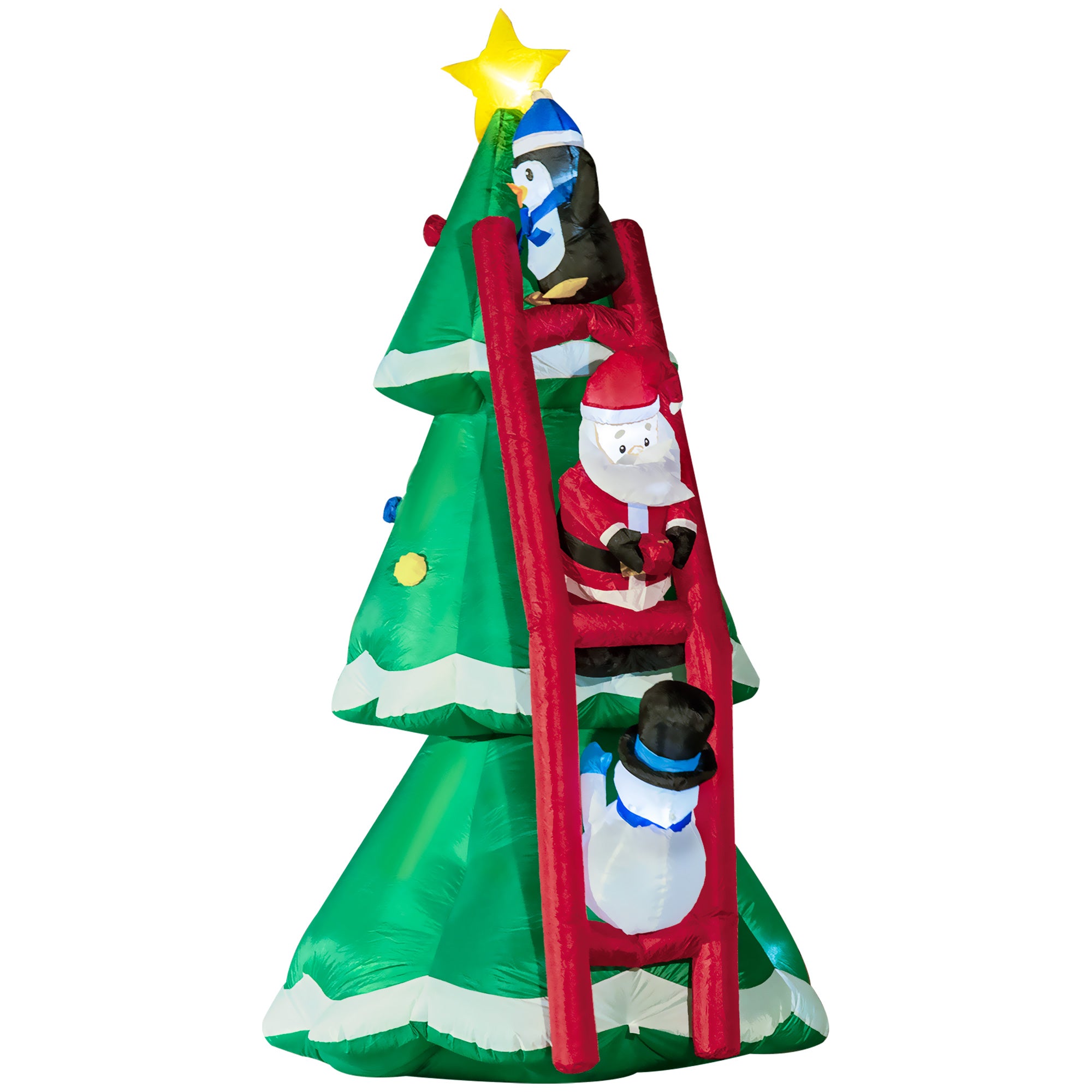 8ft Inflatable Christmas Tree with Santa Claus, Penguin and Snowman on Ladder, Blow-Up Outdoor LED Yard Display for Lawn Garden Party