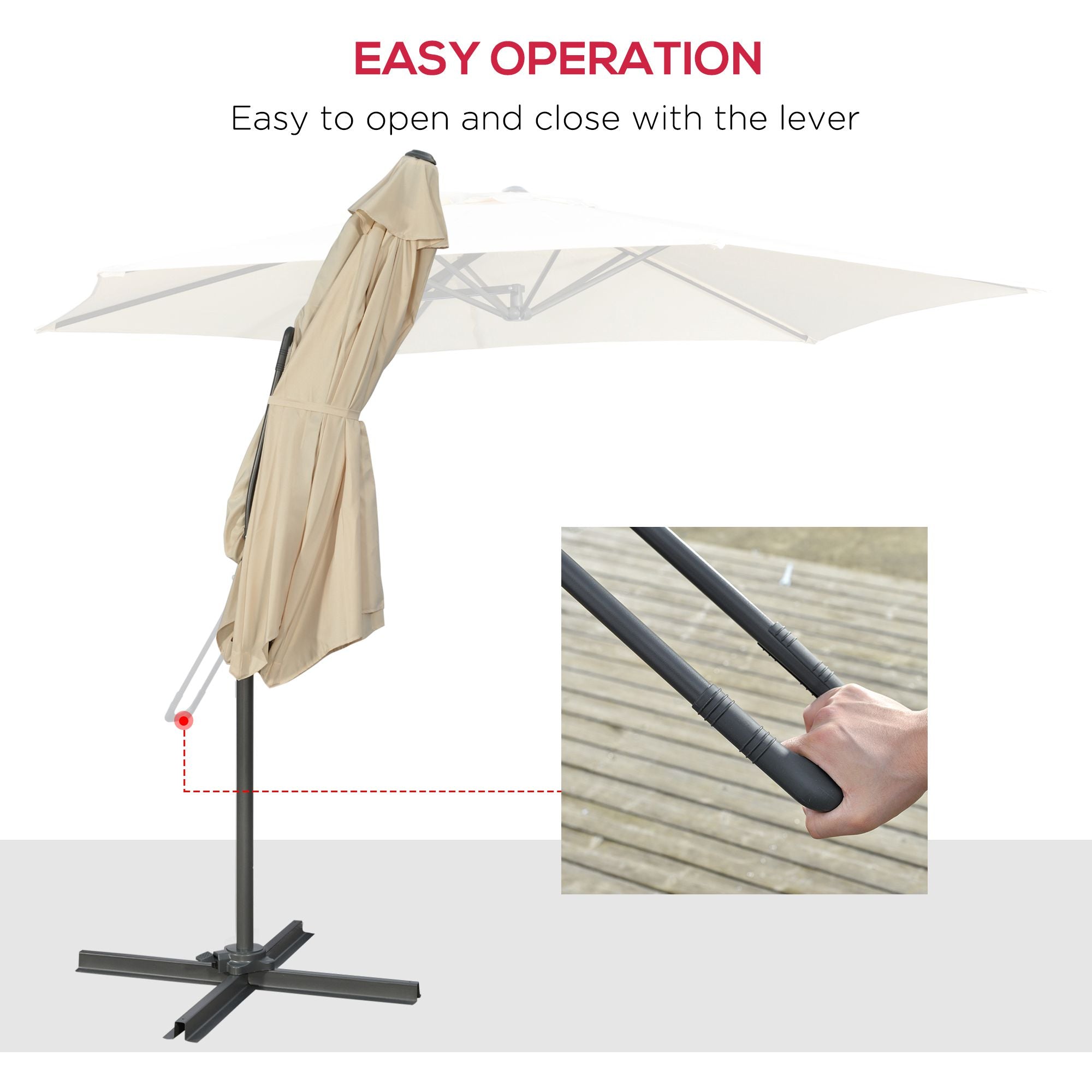 3m Cantilever Patio Parasol with Easy Lever Crank, Cross Base & 6 Metal Ribs - Cream White