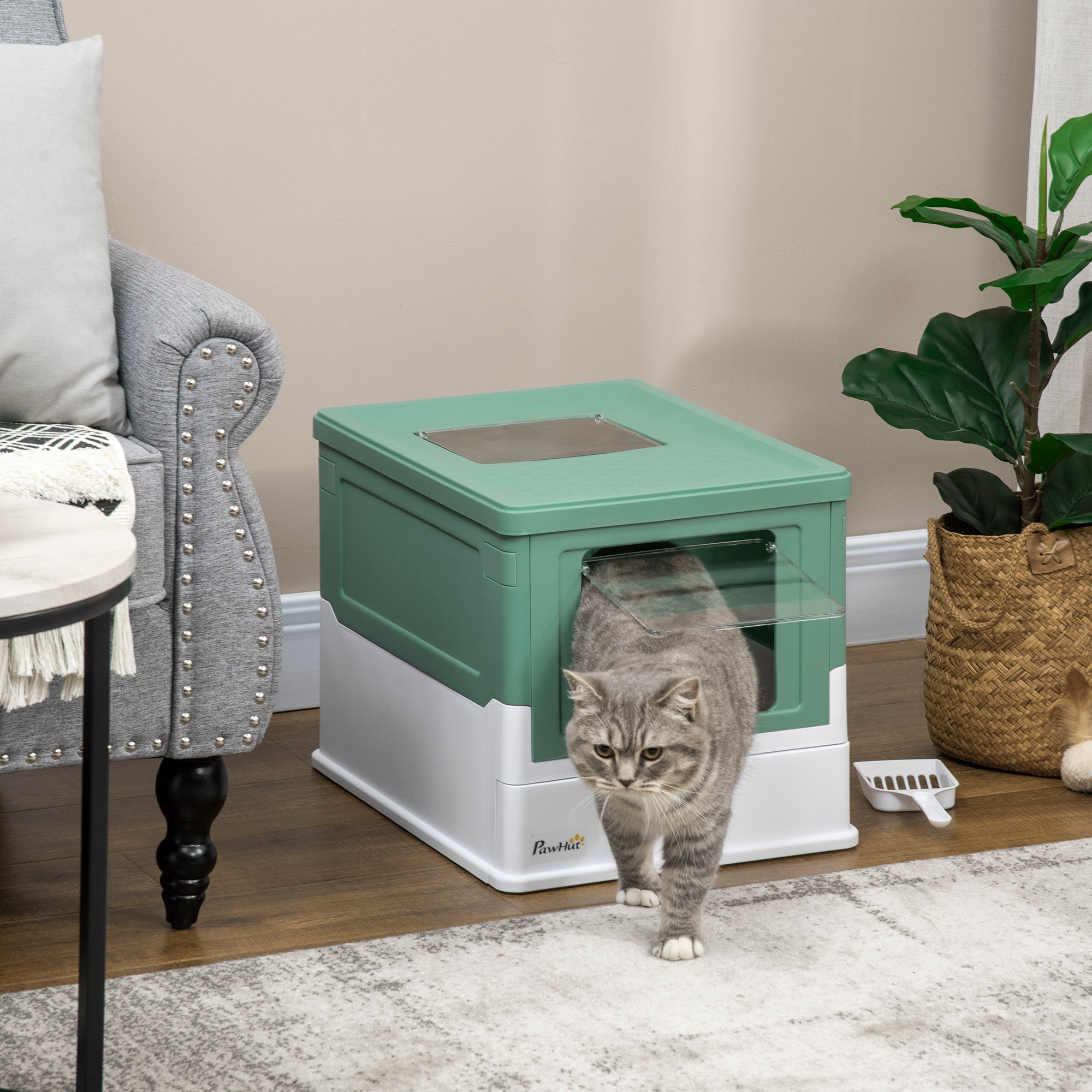 Hooded Cat Litter Box Scoop Included, Litter Tray with Front Entry Top Exit, Portable Pet Toilet with Large Space, 47.5 x 35.5 x 36.7 cm Green